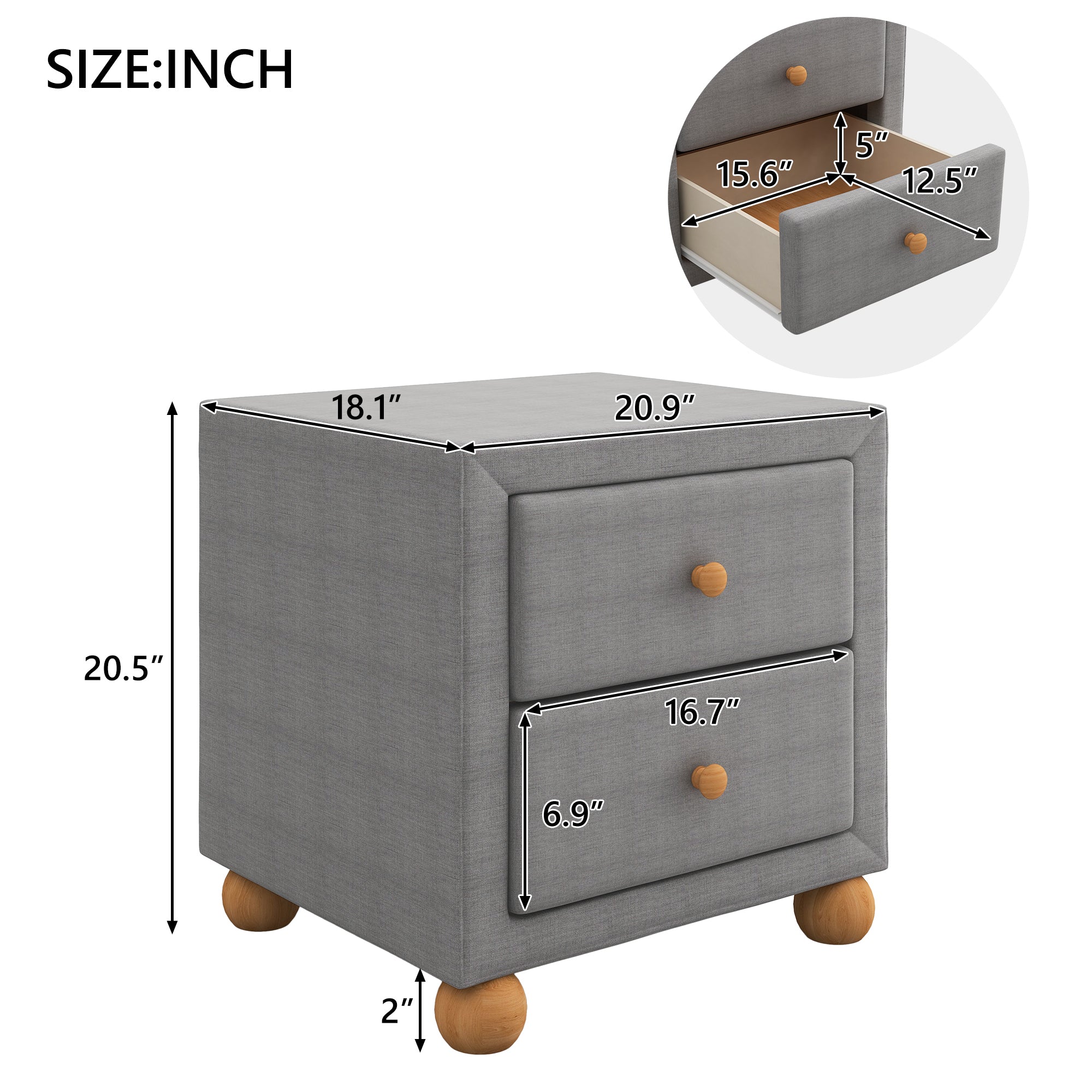 Modern Upholstered Storage Nightstand with 2 Drawers, Natural Wood Knobs - Dark Gray