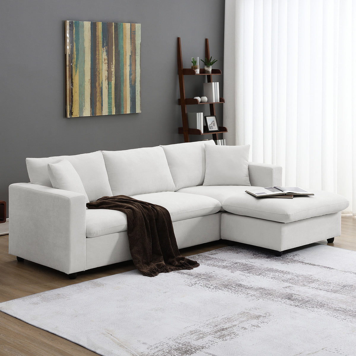 100.4x64.6" Modern Sectional Sofa, L-Shaped Couch Set With 2 Free Pillows, 4-Seat Polyester Fabric Couch Set With Convertible Ottoman - White