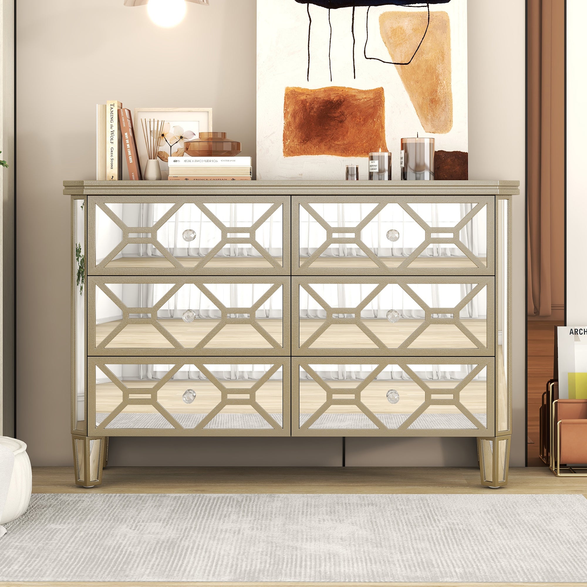 Elegant Mirrored 6-Drawer Dresser with Golden Lines Storage Cabinet