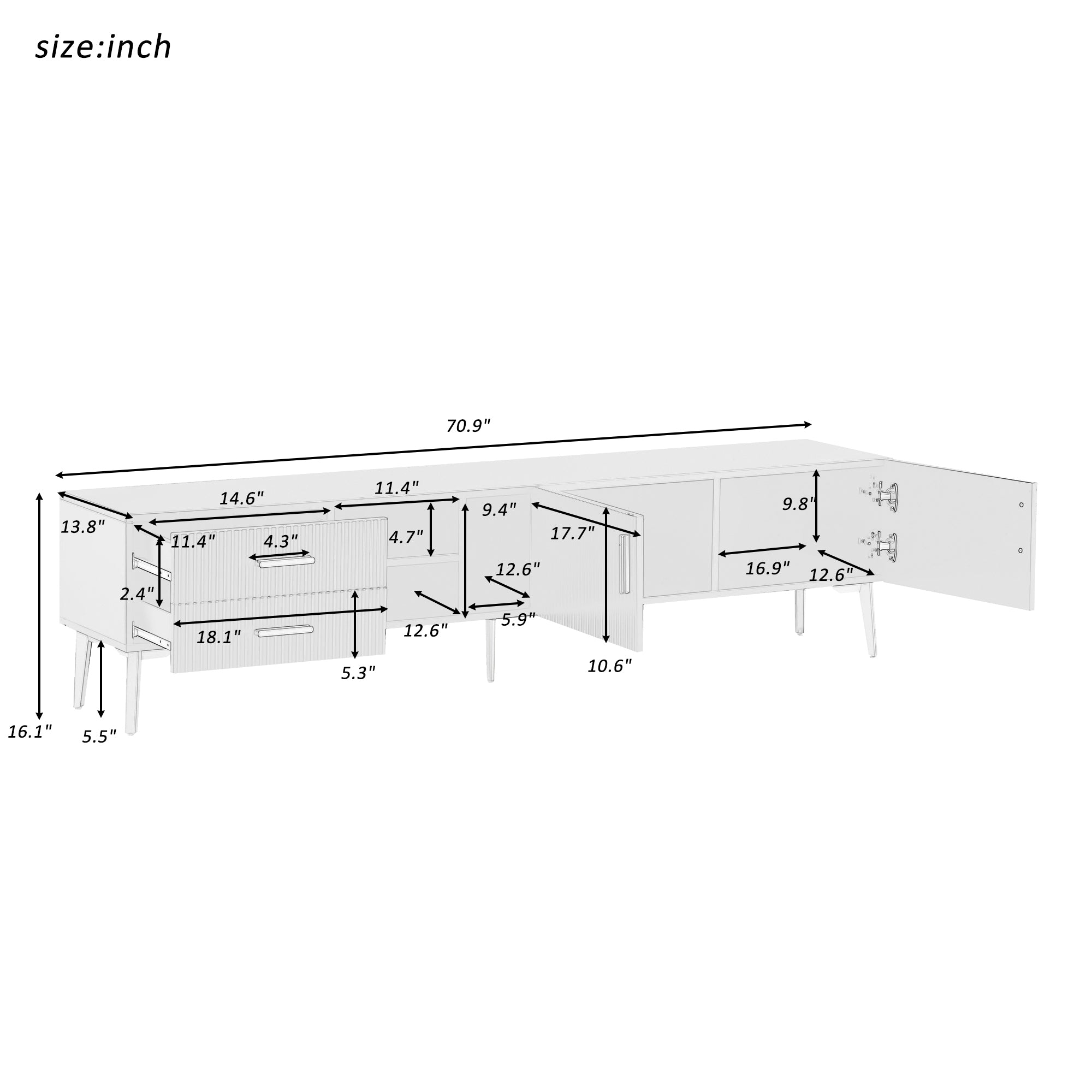 Modern TV Stand with 5 Champagne legs for TVS up to 77" - White