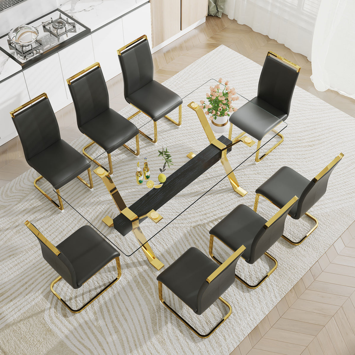 Modern And Luxurious Tempered Glass Rectangular Dining Table With 8 Black PU Gold Plated Leg Chairs