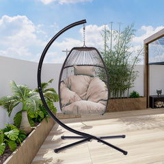 Outdoor Patio Rattan Swing Hammock Egg Chair With C Type Bracket + Cushion And Pillow