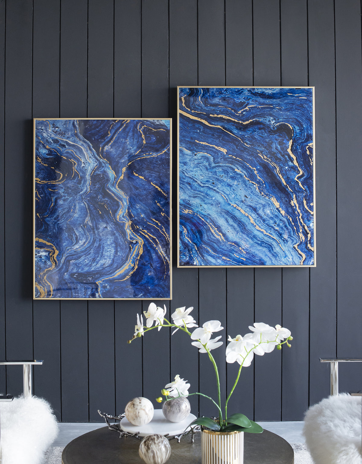 Set of 2 Blue and Gold Framed Art Panels, Unique Marbled Design, 30.5"x40"