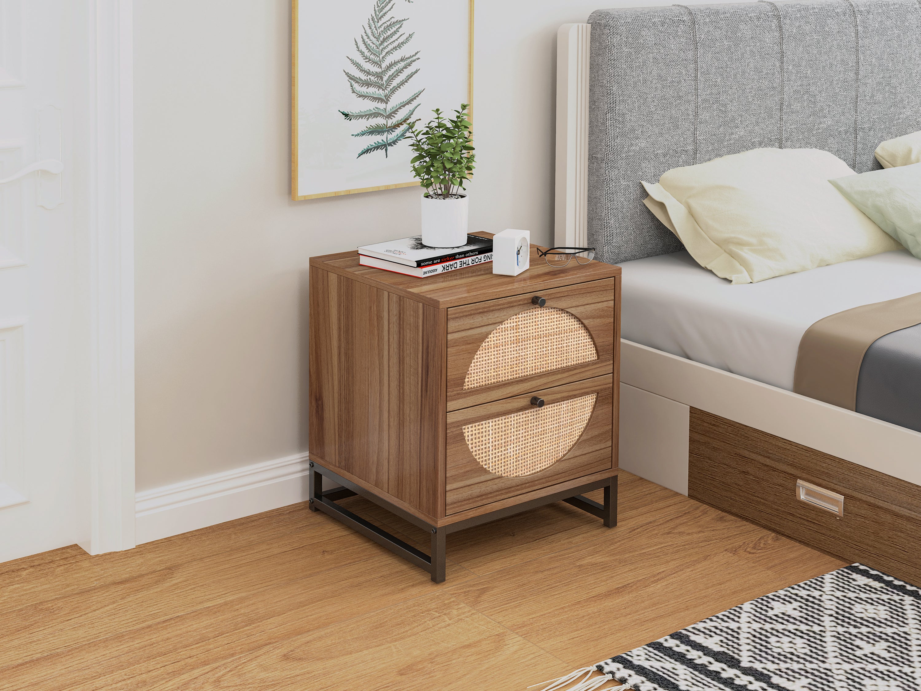 Natural rattan 2 Drawer Side table, Nightstand Side - Walnut