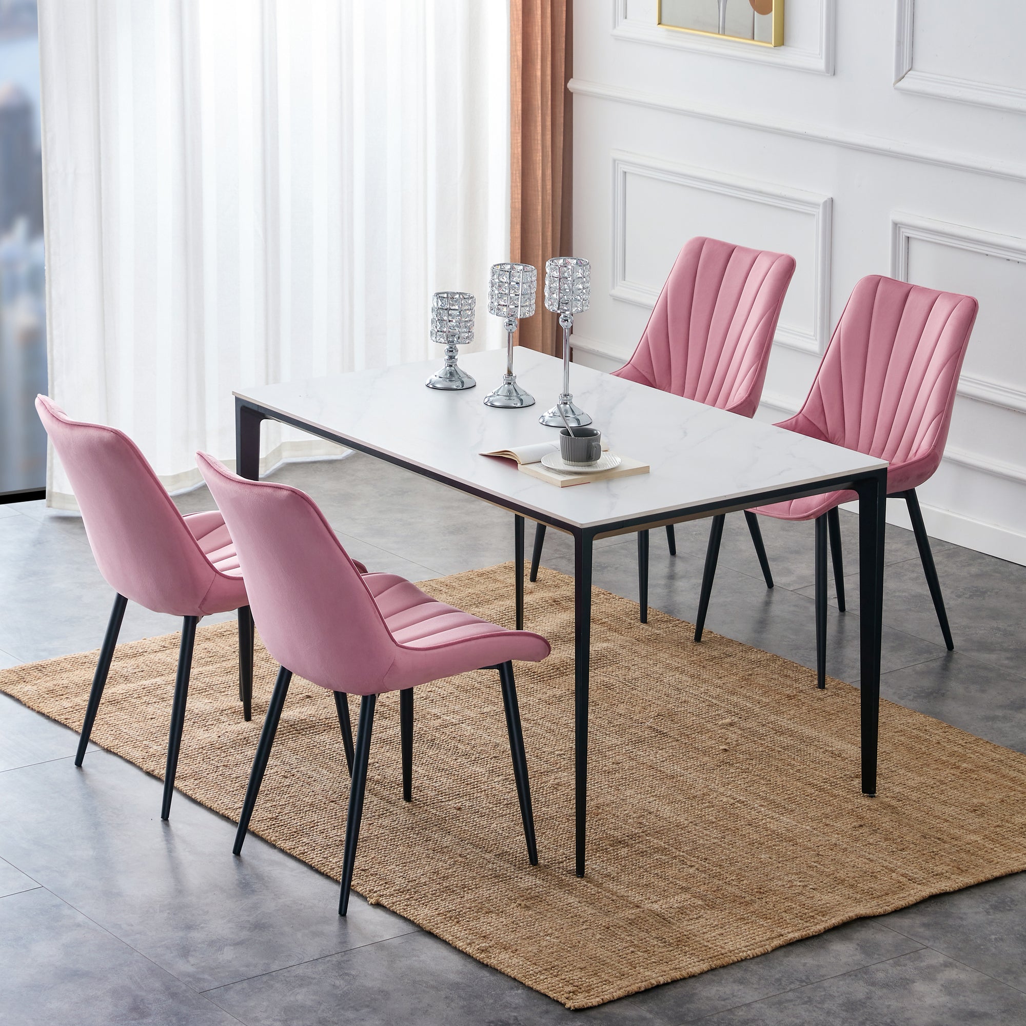 Modern Velvet Dining Chairs with Cushion Seat Back Black Coated Legs Upholstered (Set of 4) - Pink