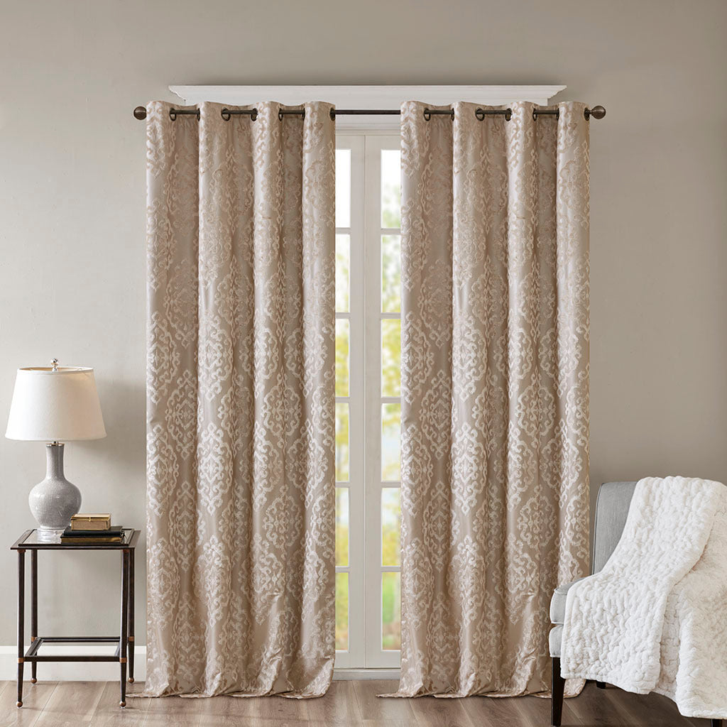 Knitted Jacquard Damask Total Blackout Grommet Top Curtain Panel Pair - Champagne