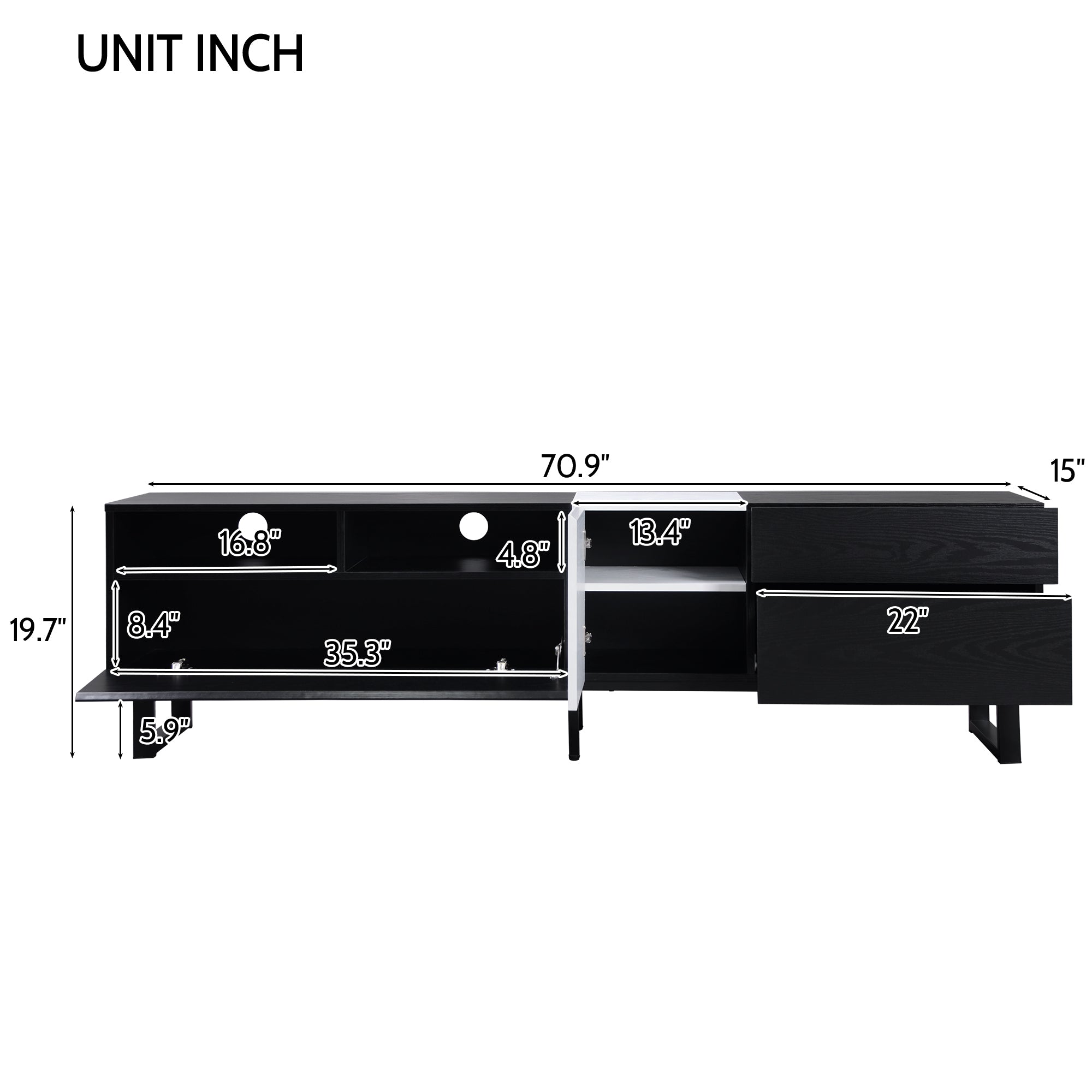 Modern TV Stand for 80'' TV with Double Storage Space, Media Console Table - Black