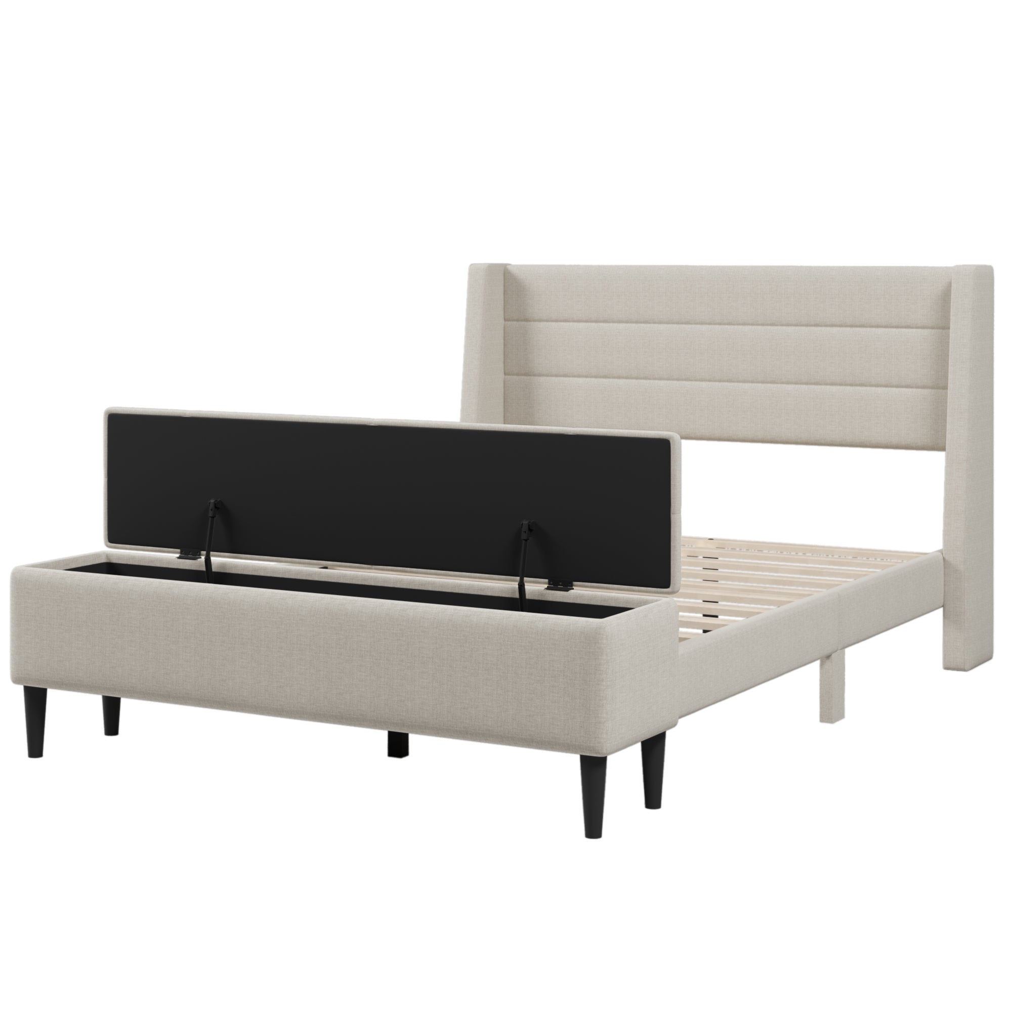 Queen Bed - Upholstered Storage Bed Frame with Storage Ottoman Bench, No Box Spring Needed - Beige