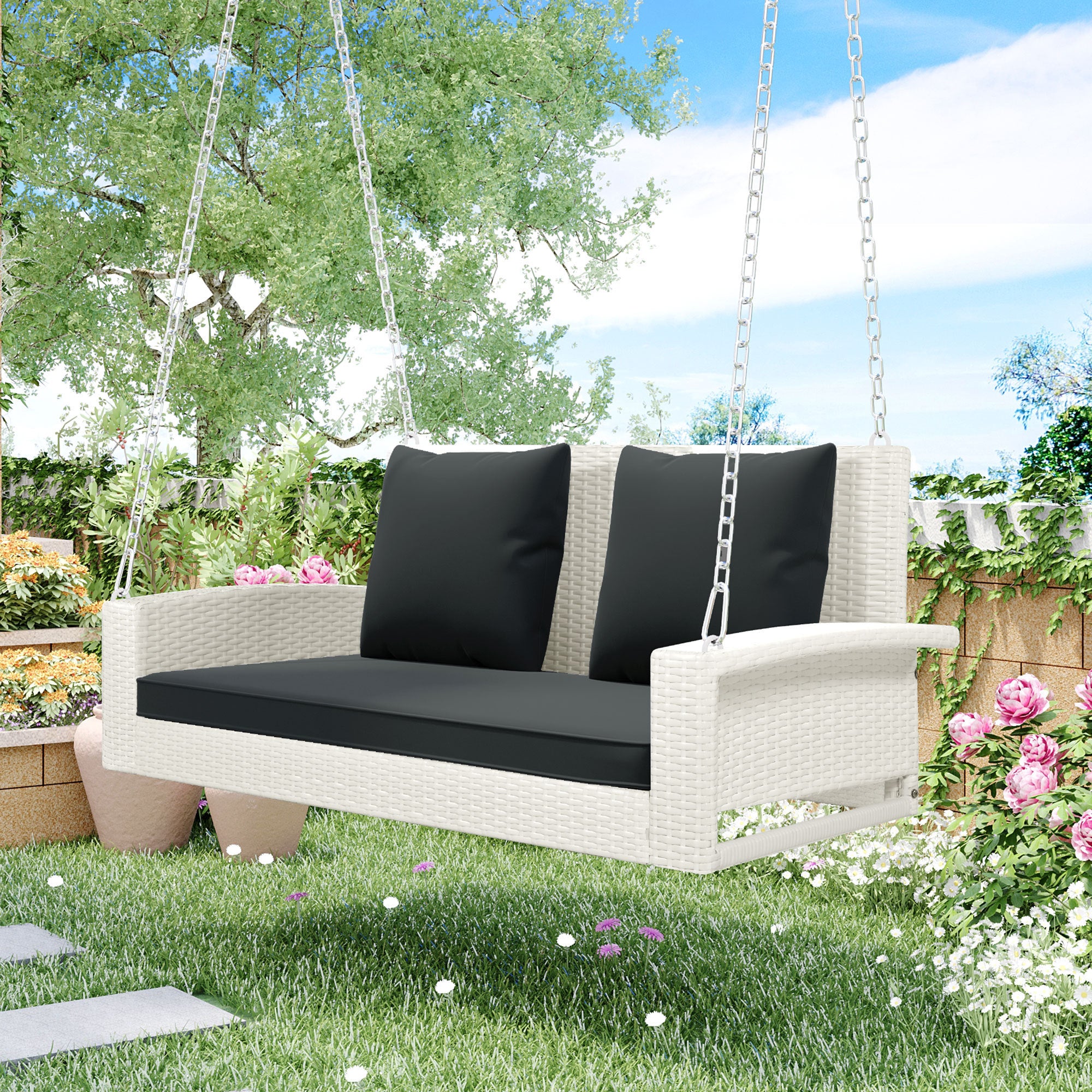 2-Person Wicker Hanging Porch Swing with Chains, Cushion, Pillow, Rattan Swing Bench for Garden, Backyard, Pond. (White Wicker, Gray Cushion)