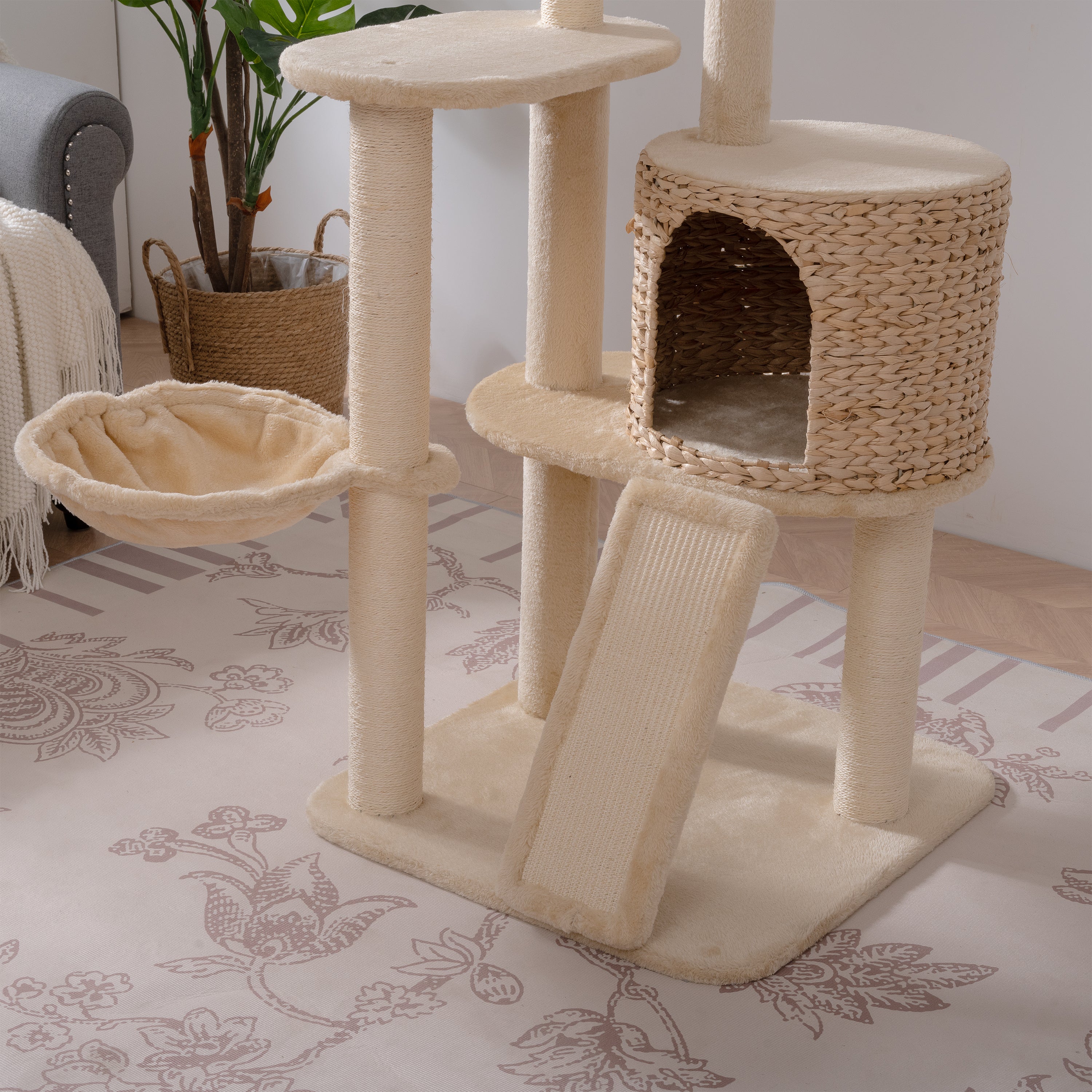 Cat Tree, 59-Inch Cat Tower for Indoor Cats, Plush Multi-Level Cat Condo with 2 Perches, 2 Caves, Cozy Basket and Scratching Board - Beige