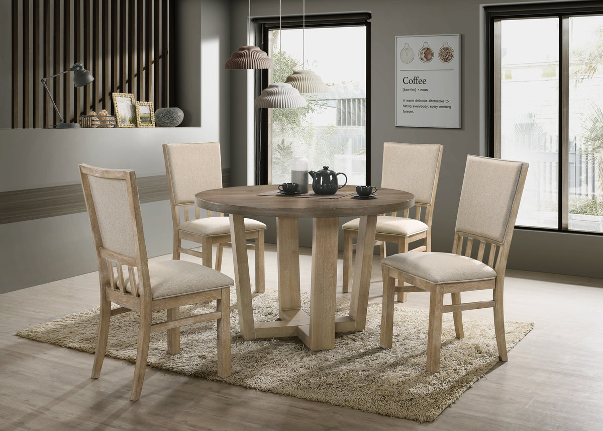 Vintage Walnut 5 Piece 47" Wide Contemporary Round Dining Table Set with Wheat Colored Fabric Chairs