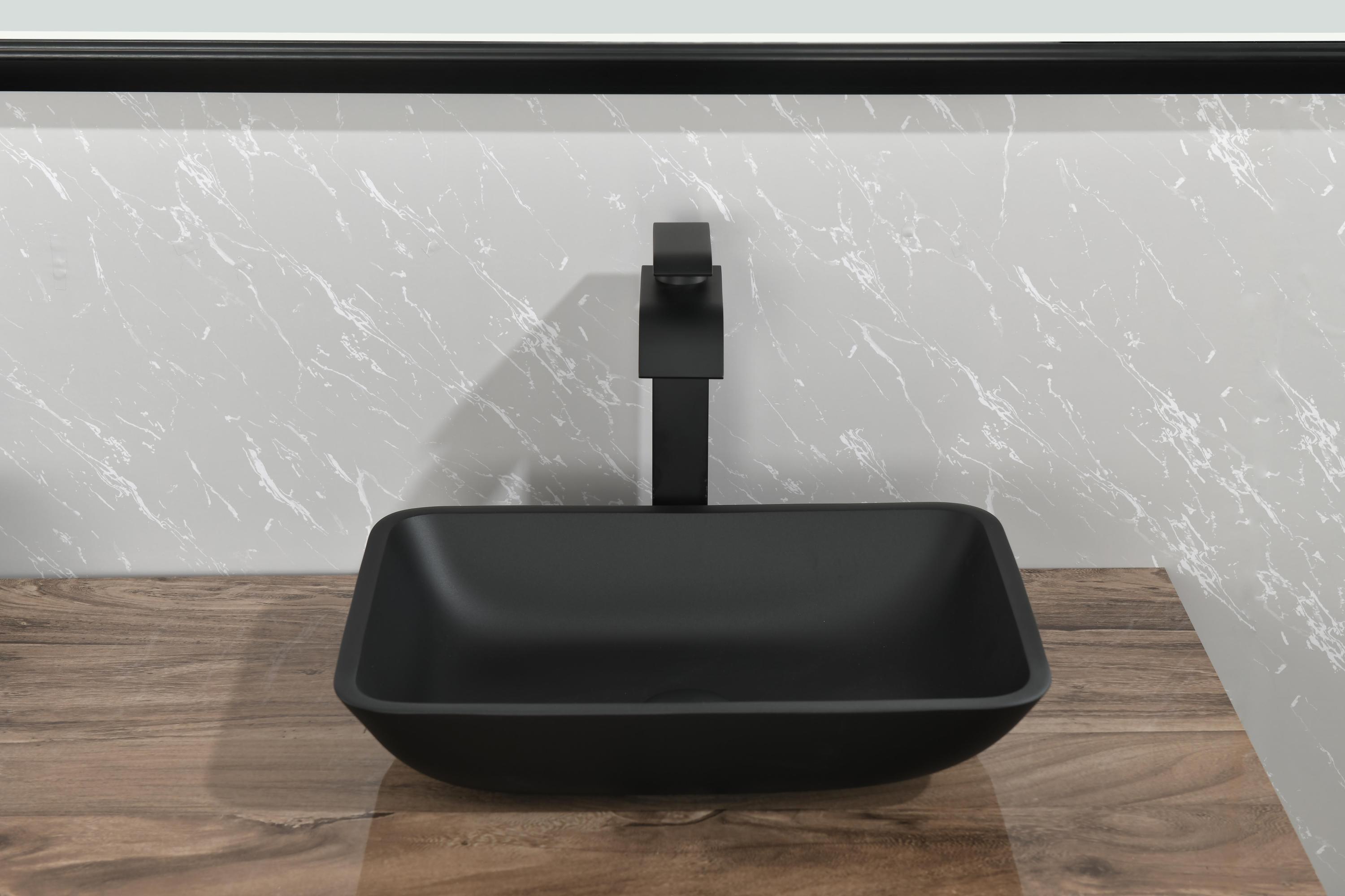 Matte Shell Glass Rectangular Vessel Bathroom Sink in Black with Matte Black Faucet and Pop-Up Drain in Matte Black 13.0" L -18.13" W -4" H