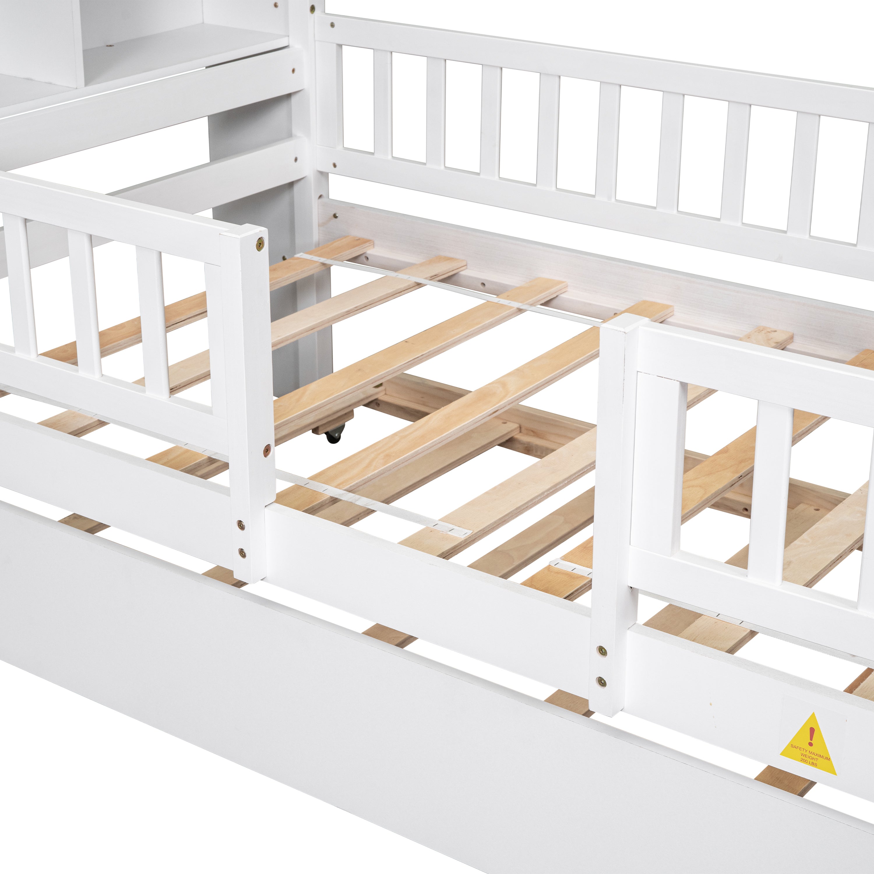 Twin Size DollHouse-Shaped Headboard with Fence Guardrails and Trundle - White