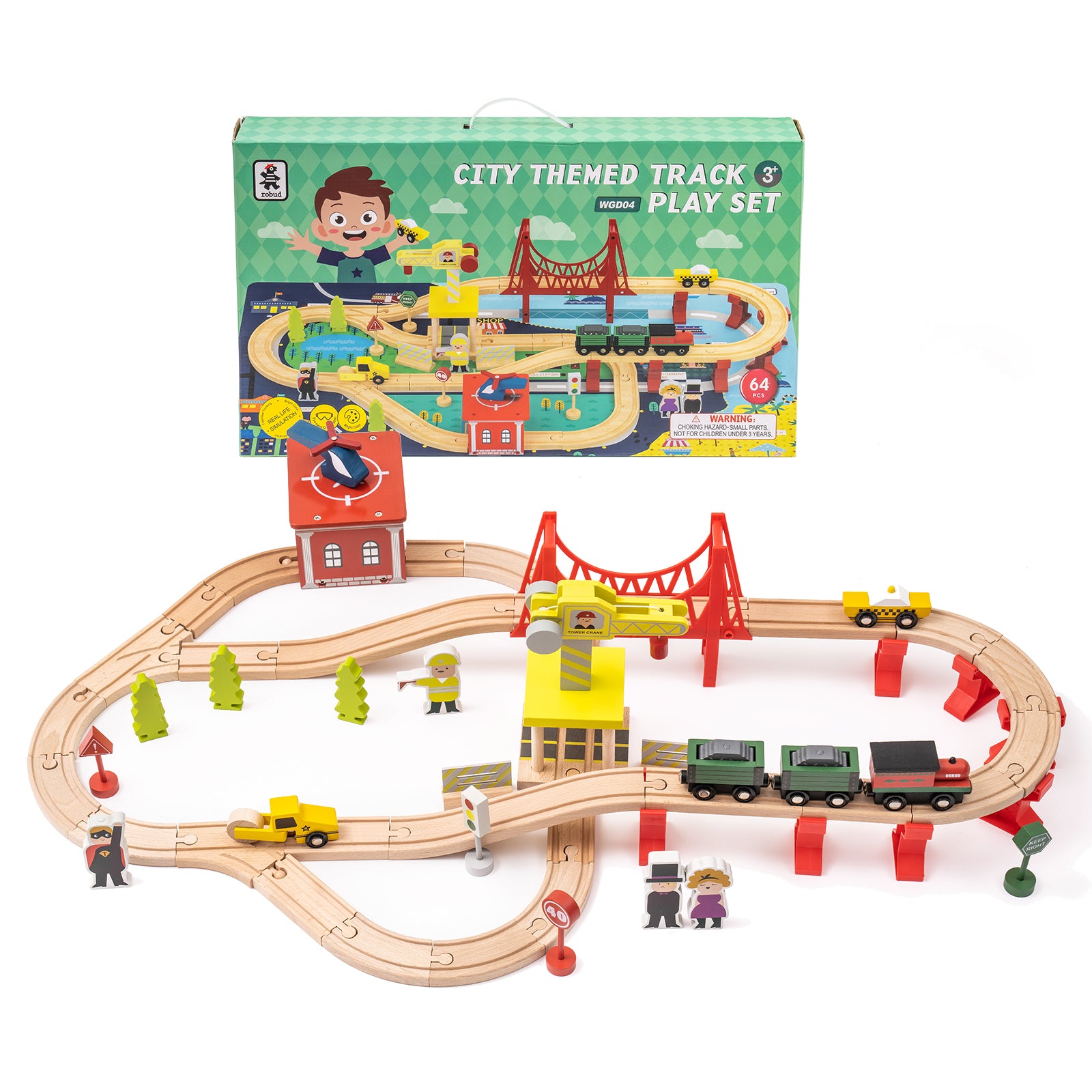 Wooden Train Track Set with Magnetic Trains Bridge Ramp Toy for Kids