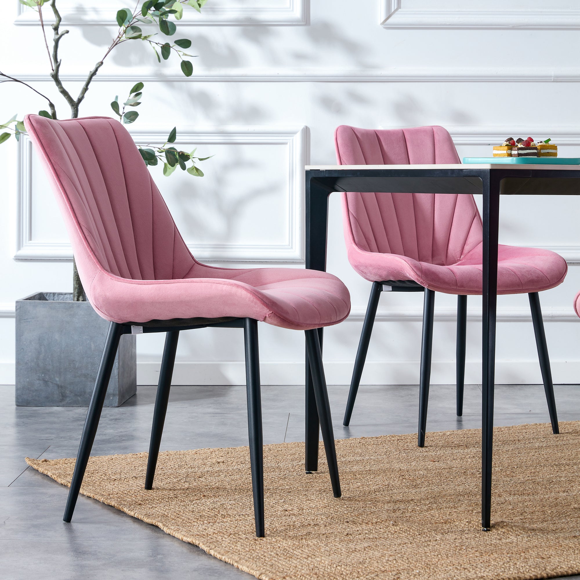 Modern Velvet Dining Chairs with Cushion Seat Back Black Coated Legs Upholstered (Set of 4) - Pink