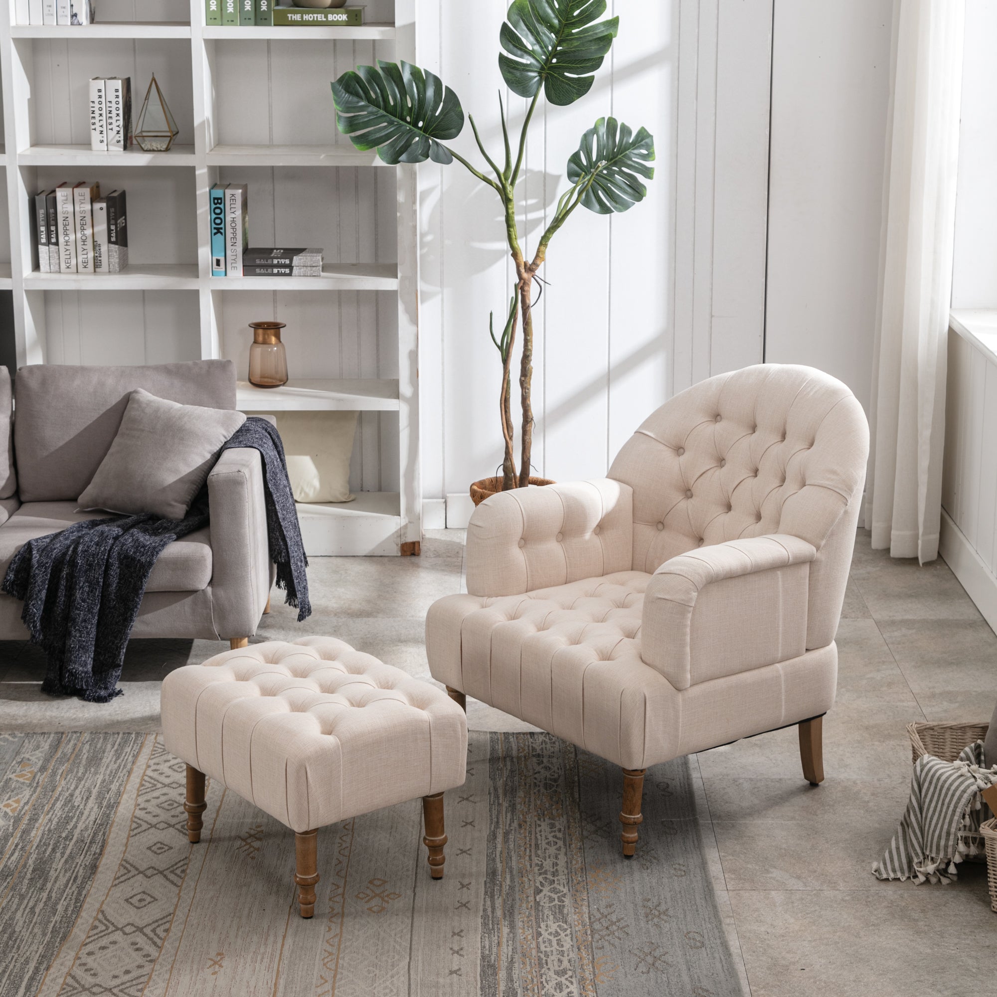 Button-Tufted Upholstered Chair Set with Linen Fabric and Ottoman