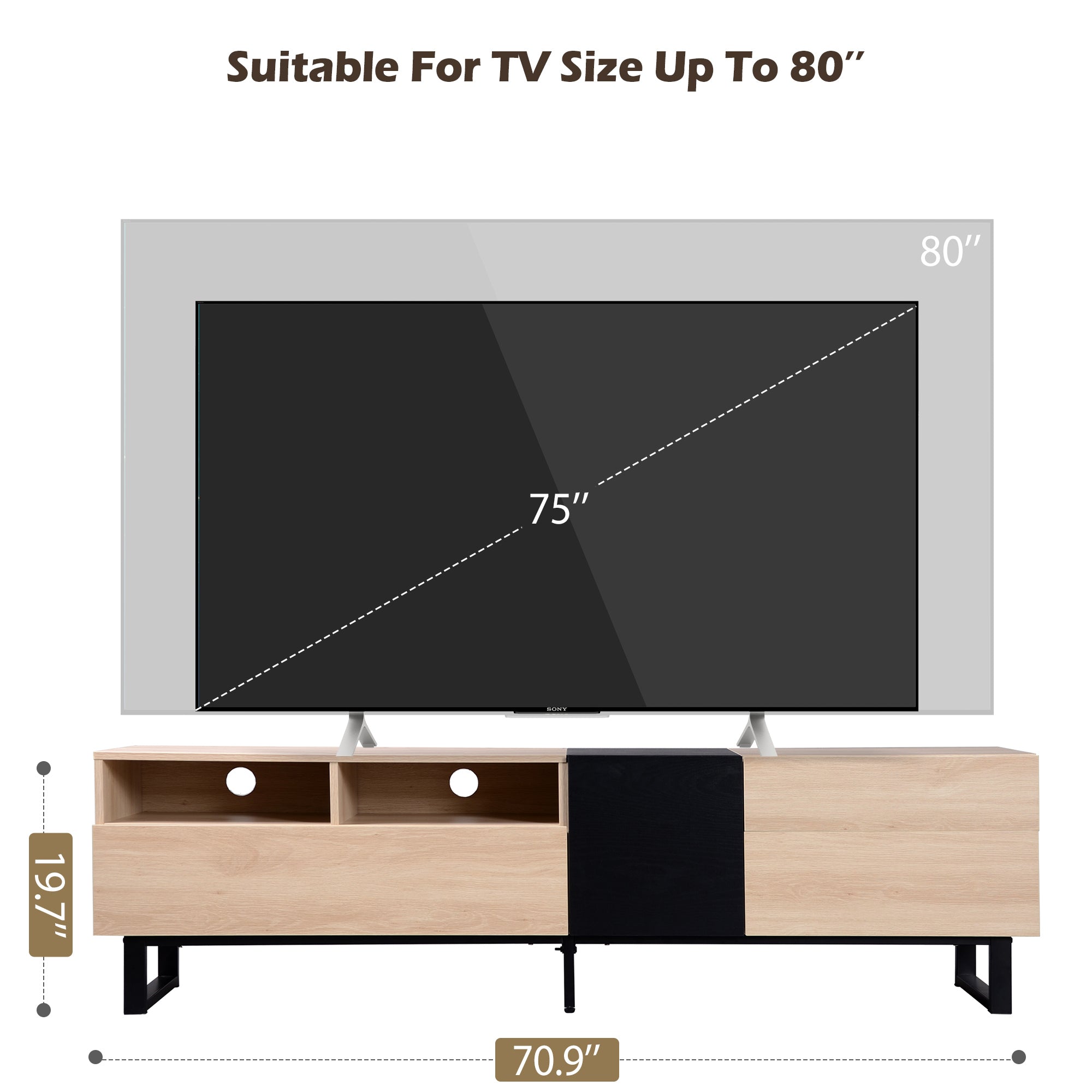 Modern TV Stand for 80'' TV with Double Storage Space - Natural Wood