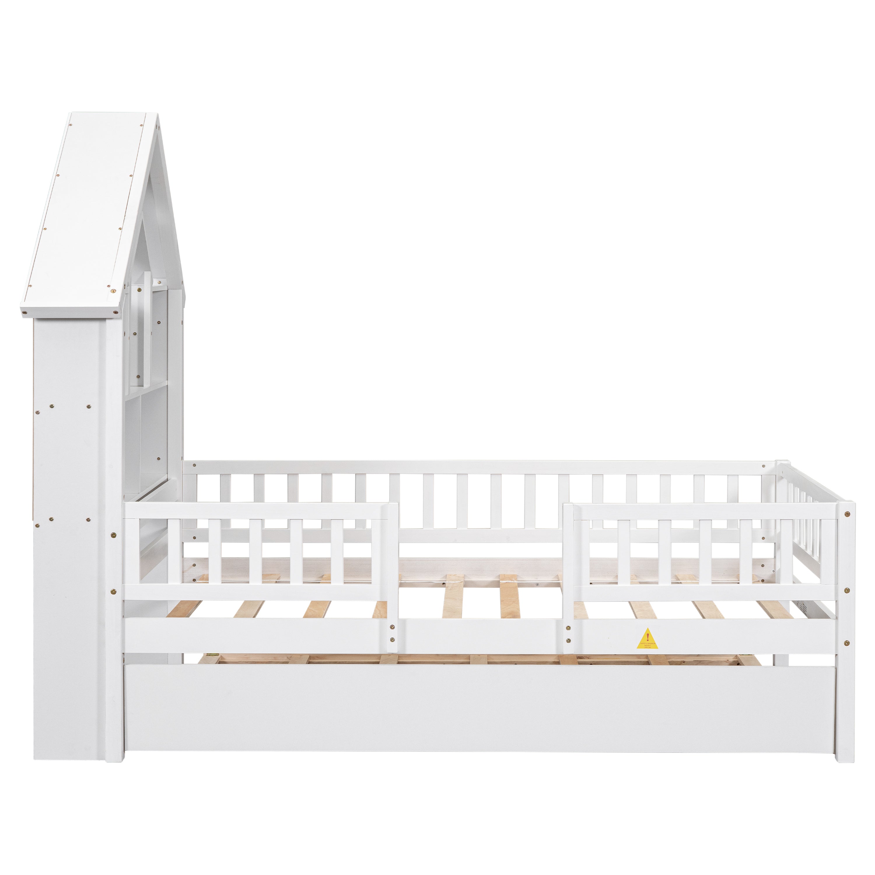 Twin Size DollHouse-Shaped Headboard with Fence Guardrails and Trundle - White