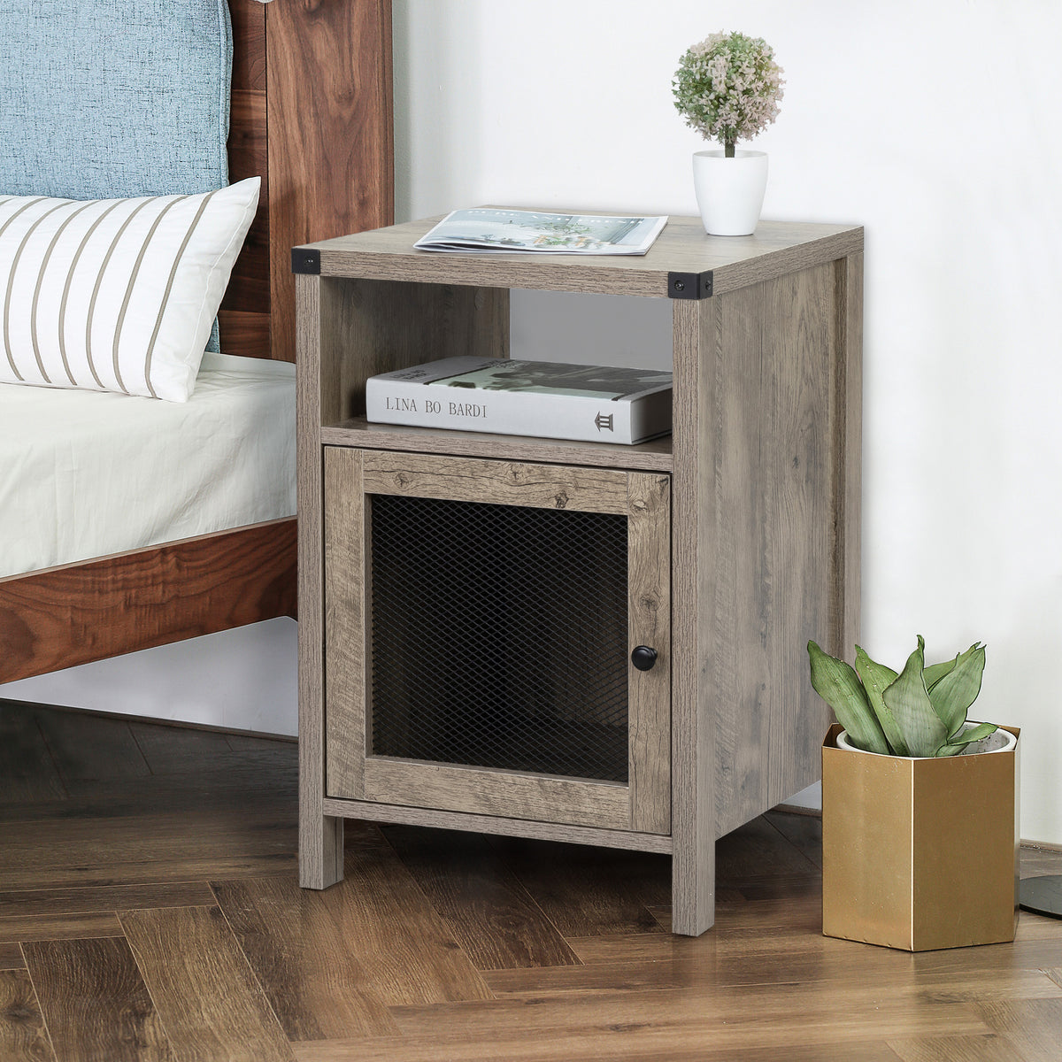 Farmhouse Nightstand with Power Outlets, USB Ports - Retro Gray