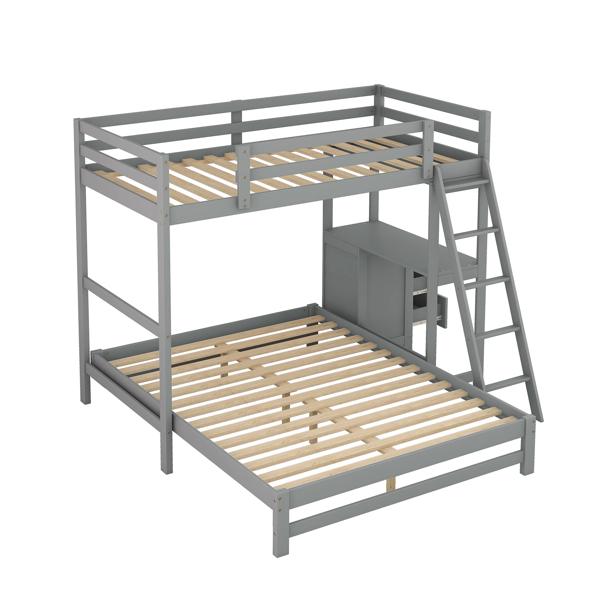Twin over Full Bunk Bed with Built-in Desk and Three Drawers - Grey