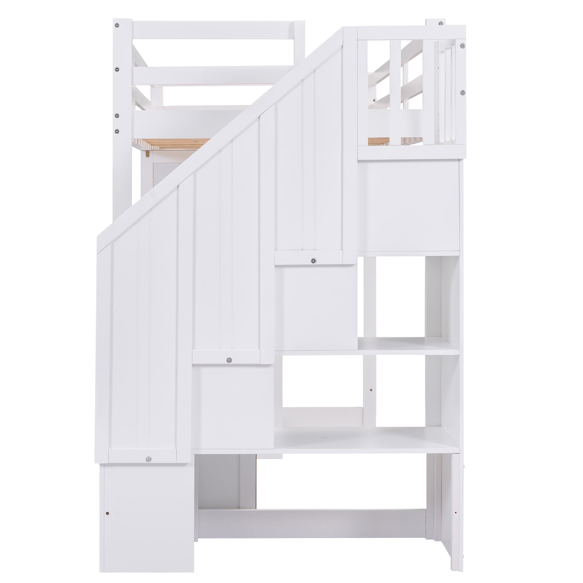 Twin Size Loft Bed with Wardrobe and Staircase - White