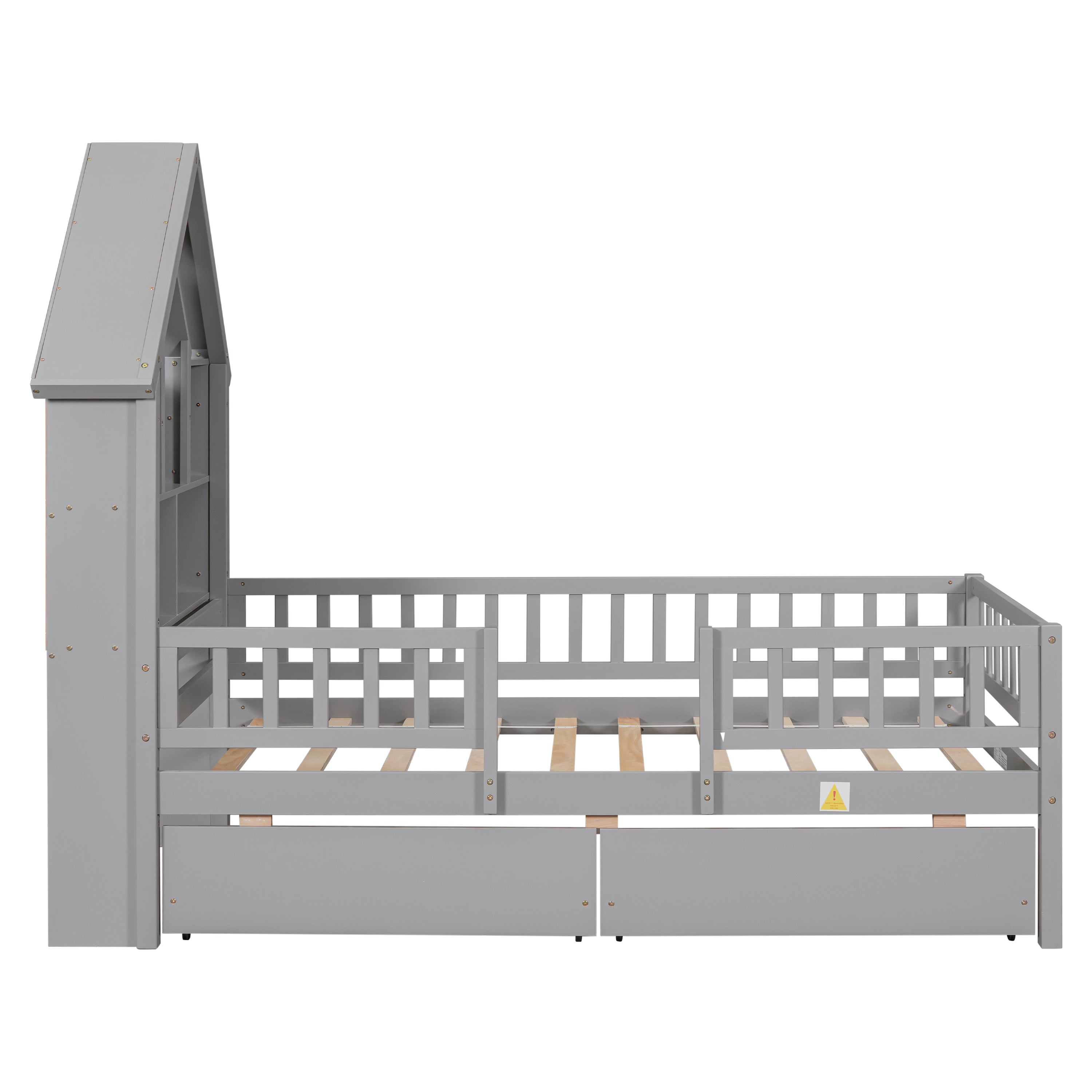 Twin Size DollHouse-Shaped Headboard with Fence Guardrails and Trundle - Gray