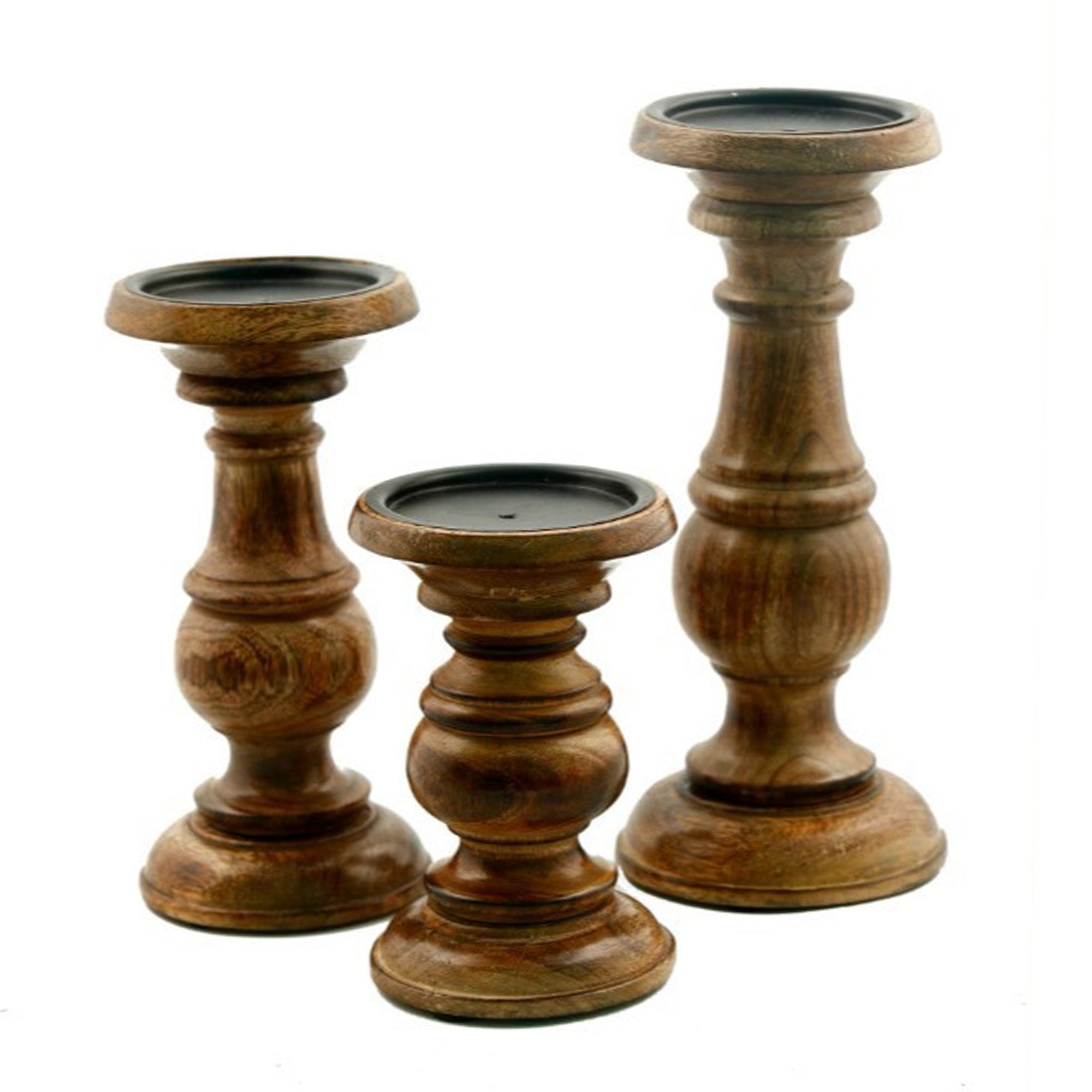 Pillar Shaped Wooden Candle Holder (Set of 3) - Brown