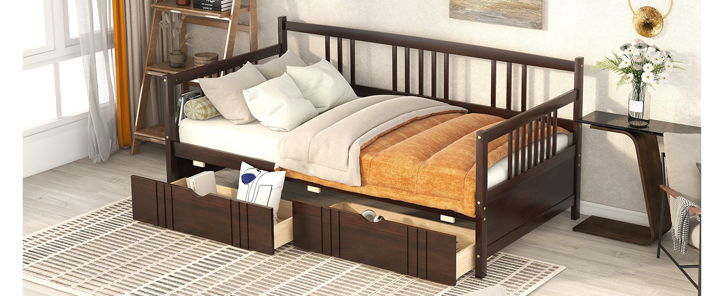 Twin Size Daybed Wood Bed with Two Drawers - Espresso