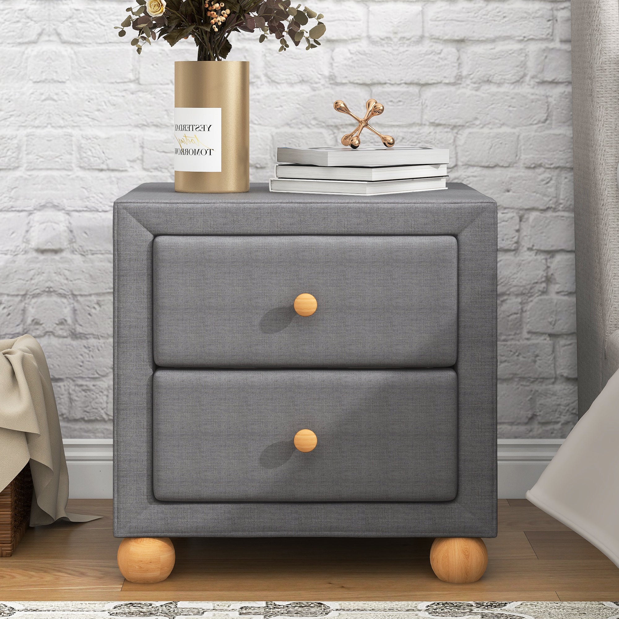 Modern Upholstered Storage Nightstand with 2 Drawers, Natural Wood Knobs - Dark Gray