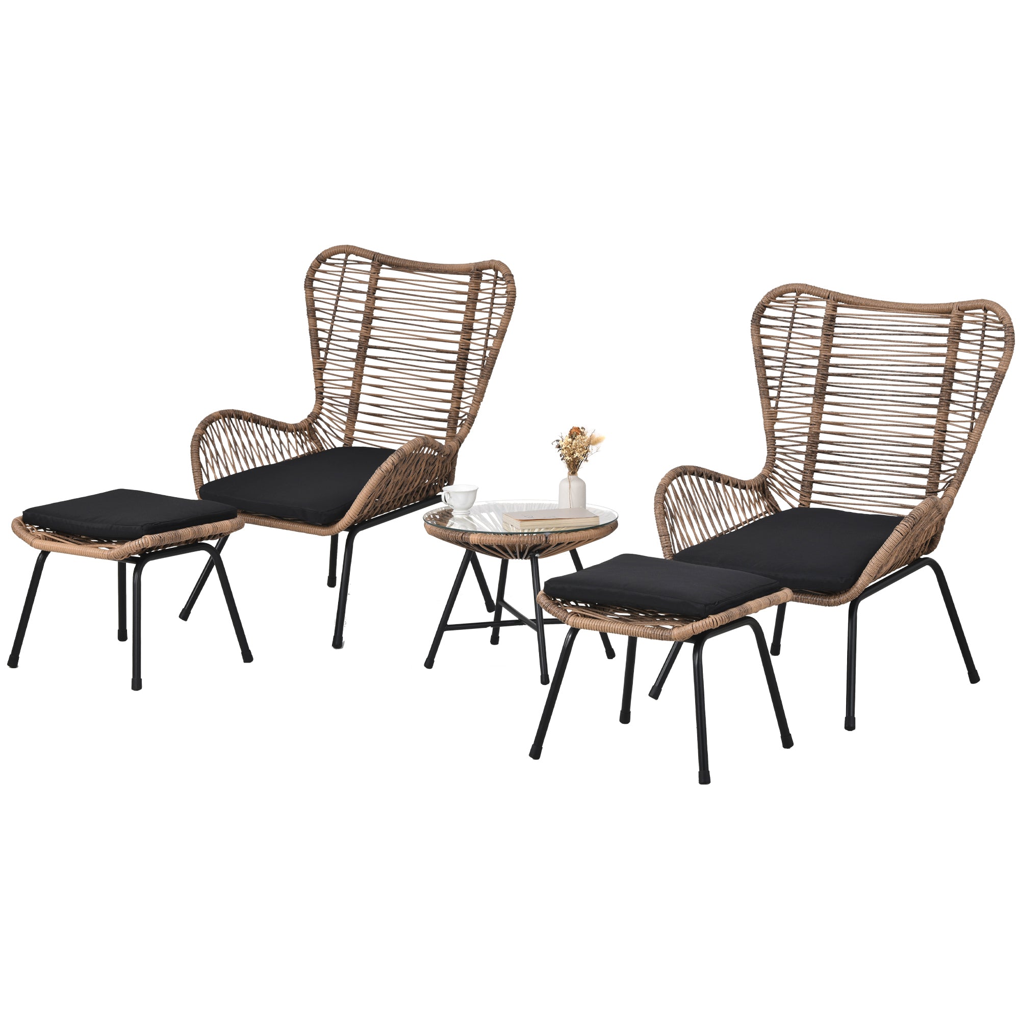 Outdoor Patio 5-Piece Rattan Conversation Set, PE Wicker Arm Chairs with Stools and Tempered Glass Tea Table - Natural Rattan + Dark Gray