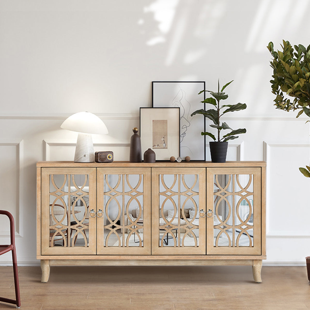 Mirrored door, Wooden Sideboard Side Table Accent Storage Cabinet - Wood yellow