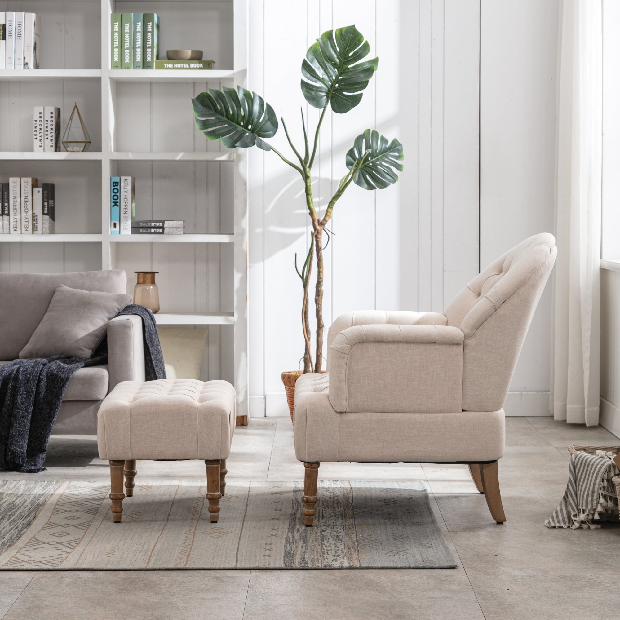 Upholstered Chair Set with Linen Fabric and Ottoman - Beige