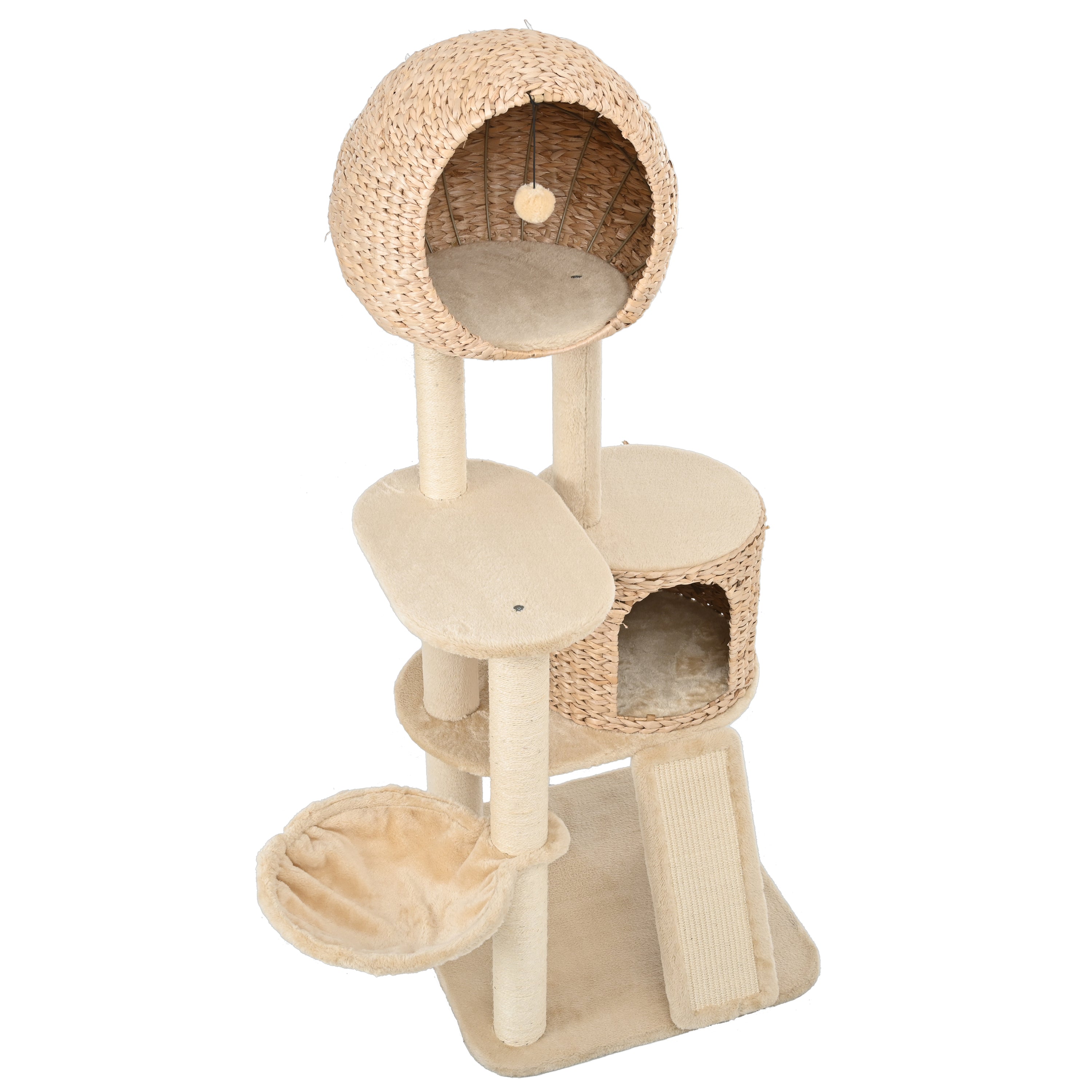 Cat Tree, 59-Inch Cat Tower for Indoor Cats, Plush Multi-Level Cat Condo with 2 Perches, 2 Caves, Cozy Basket and Scratching Board - Beige