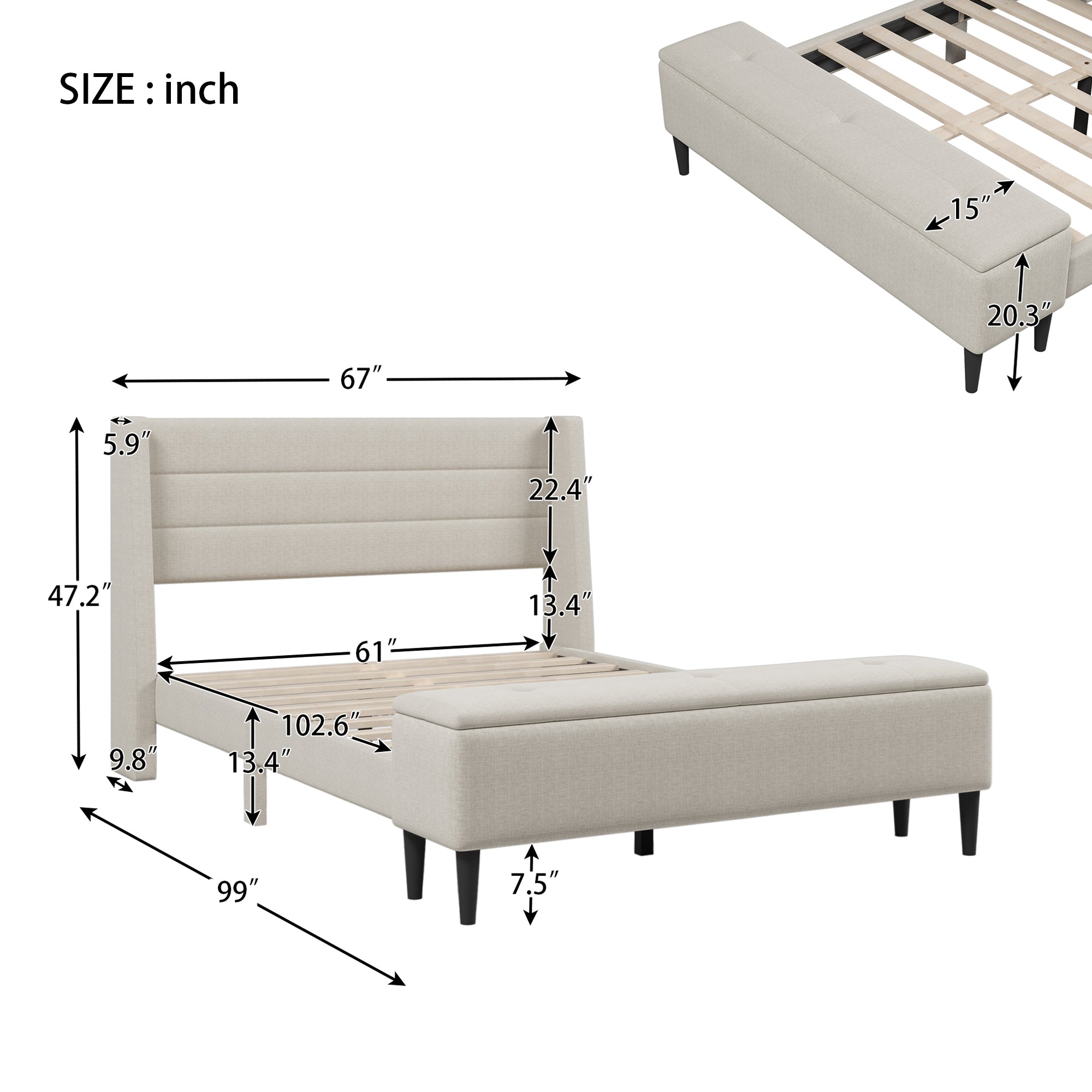 3 Pieces Bedroom Set Beige Queen Size Upholstered Storage Bed Frame with Storage Ottoman Bench and Two Nightstands