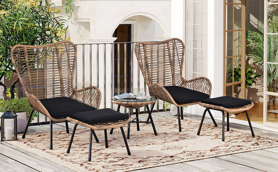 Outdoor Patio 5-Piece Rattan Conversation Set, PE Wicker Arm Chairs with Stools and Tempered Glass Tea Table - Natural Rattan + Dark Gray