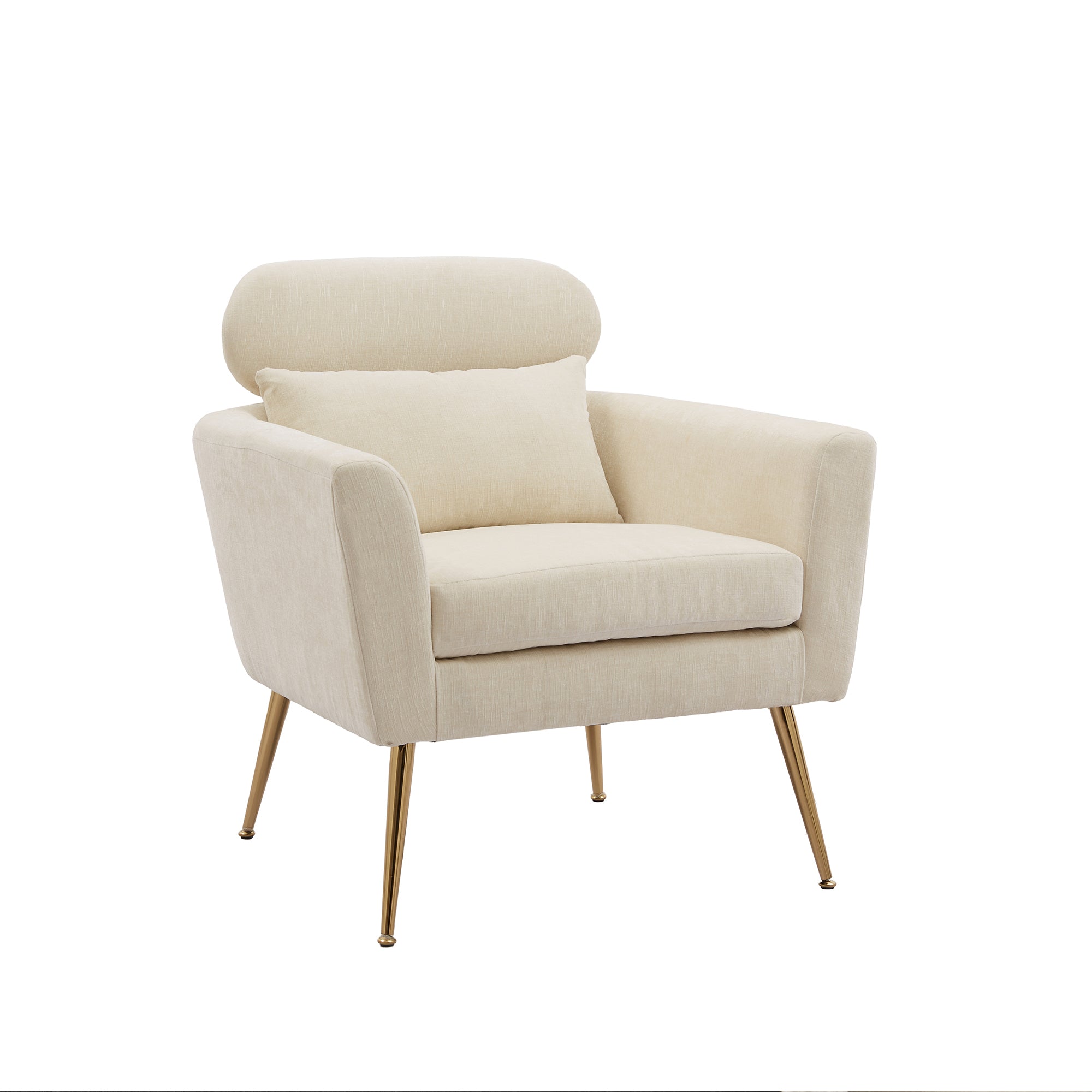 Modern Chenille Upholstered Single Sofa Leisure Club Chair with Gold Metal Leg and Throw Pillow - Beige