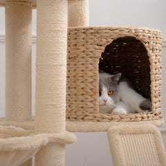 Cat Tree, 59-Inch Cat Tower for Indoor Cats, Plush Multi-Level Cat Condo with 2 Perches, 2 Caves, Cozy Basket and Scratching Board - Beige