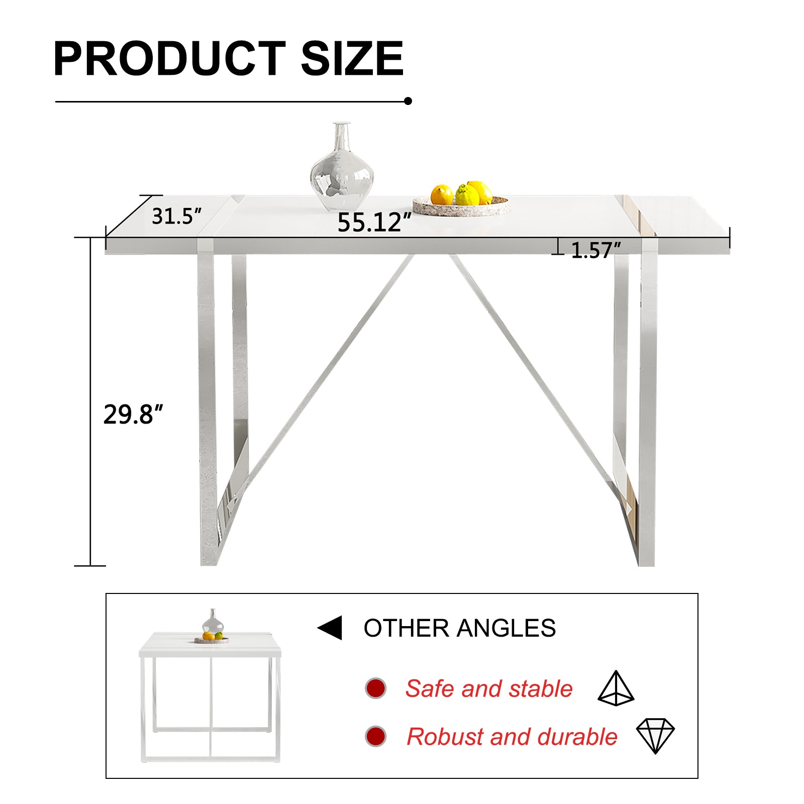 Dining Table Rustic Rectangular MDF Wood White Dining Table For 4-6 Person with 1.6" Thick Engineered Wood Tabletop and plating Metal Legs