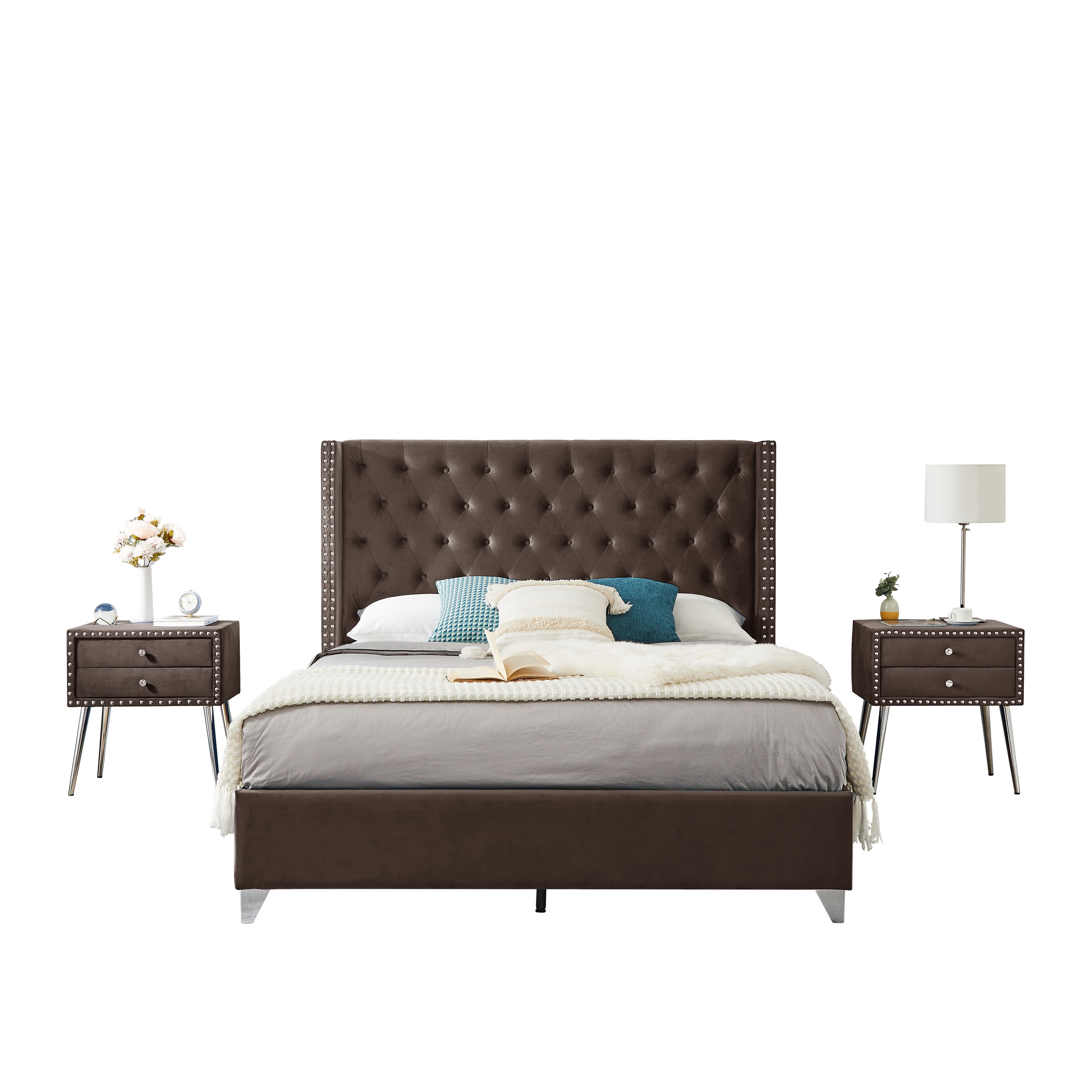 Queen Bed with Two(2) nightstands - Button designed Headboard