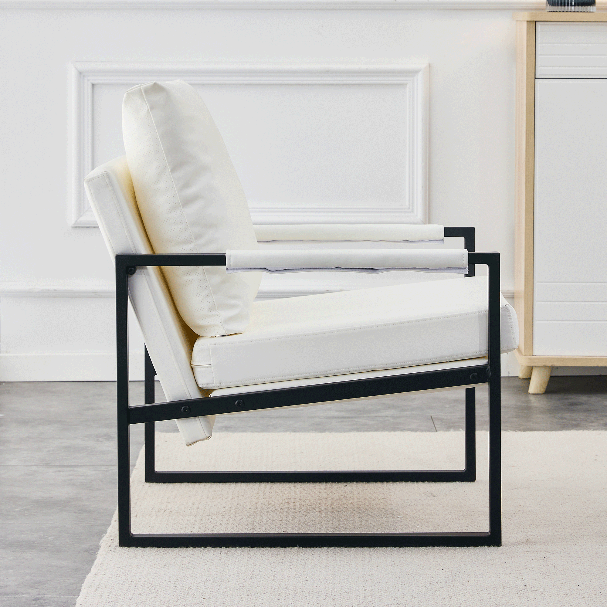 Modern Sofa Chair - White PU Leather + Metal Frame + Foam