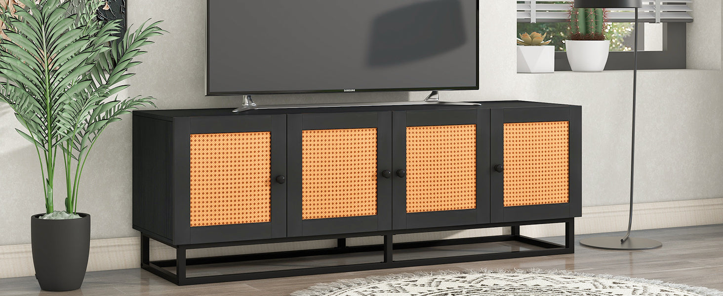 Modern/Bohemian TV Stand Cabinet with 4 Textured Rattan Doors - Espresso