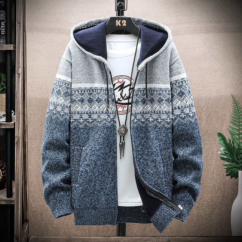 Hooded Cardigan Knitted Thick Plus Fleece Sweater Men