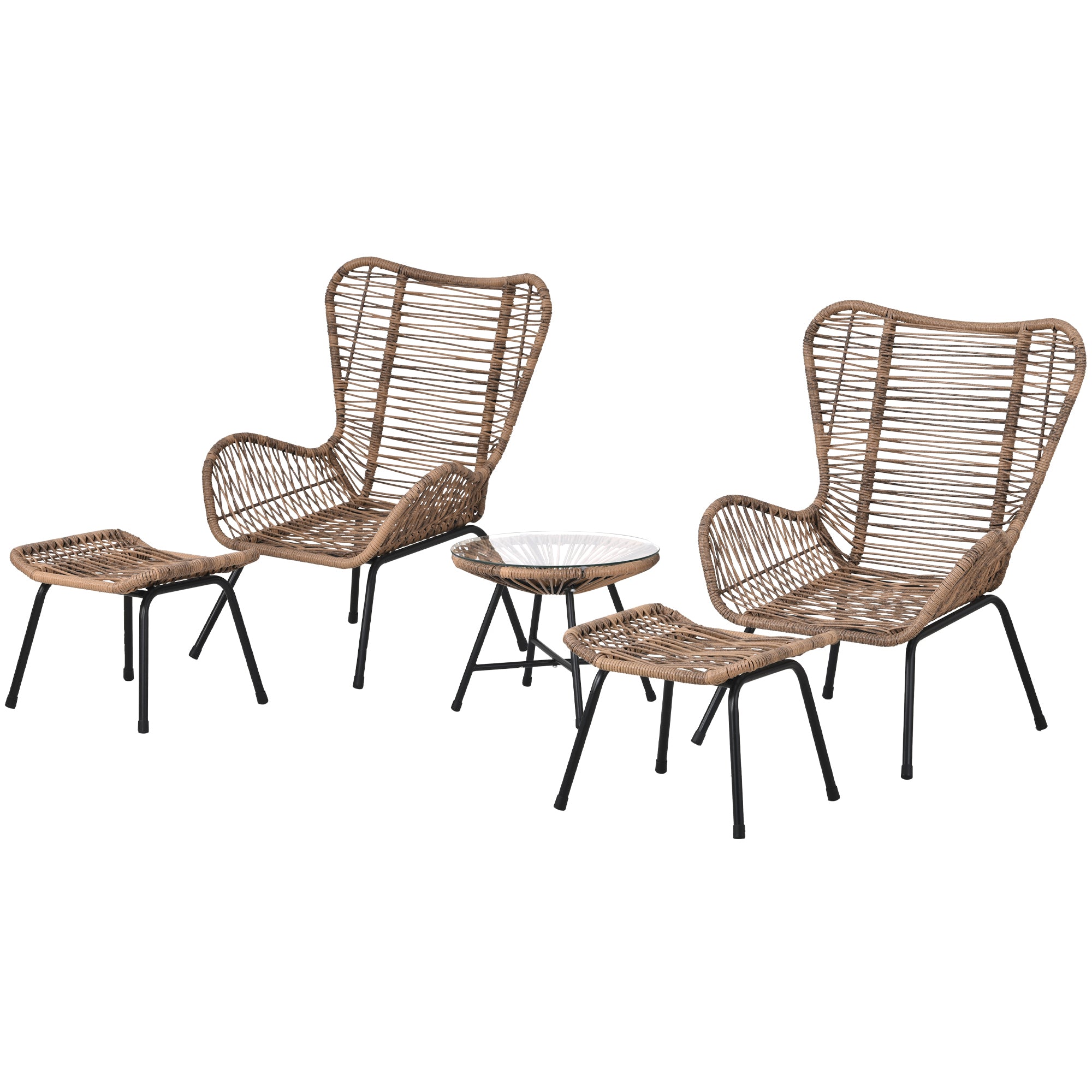 Outdoor Patio 5-Piece Rattan Conversation Set, PE Wicker Arm Chairs with Stools and Tempered Glass Tea Table - Natural Rattan + Dark Gray