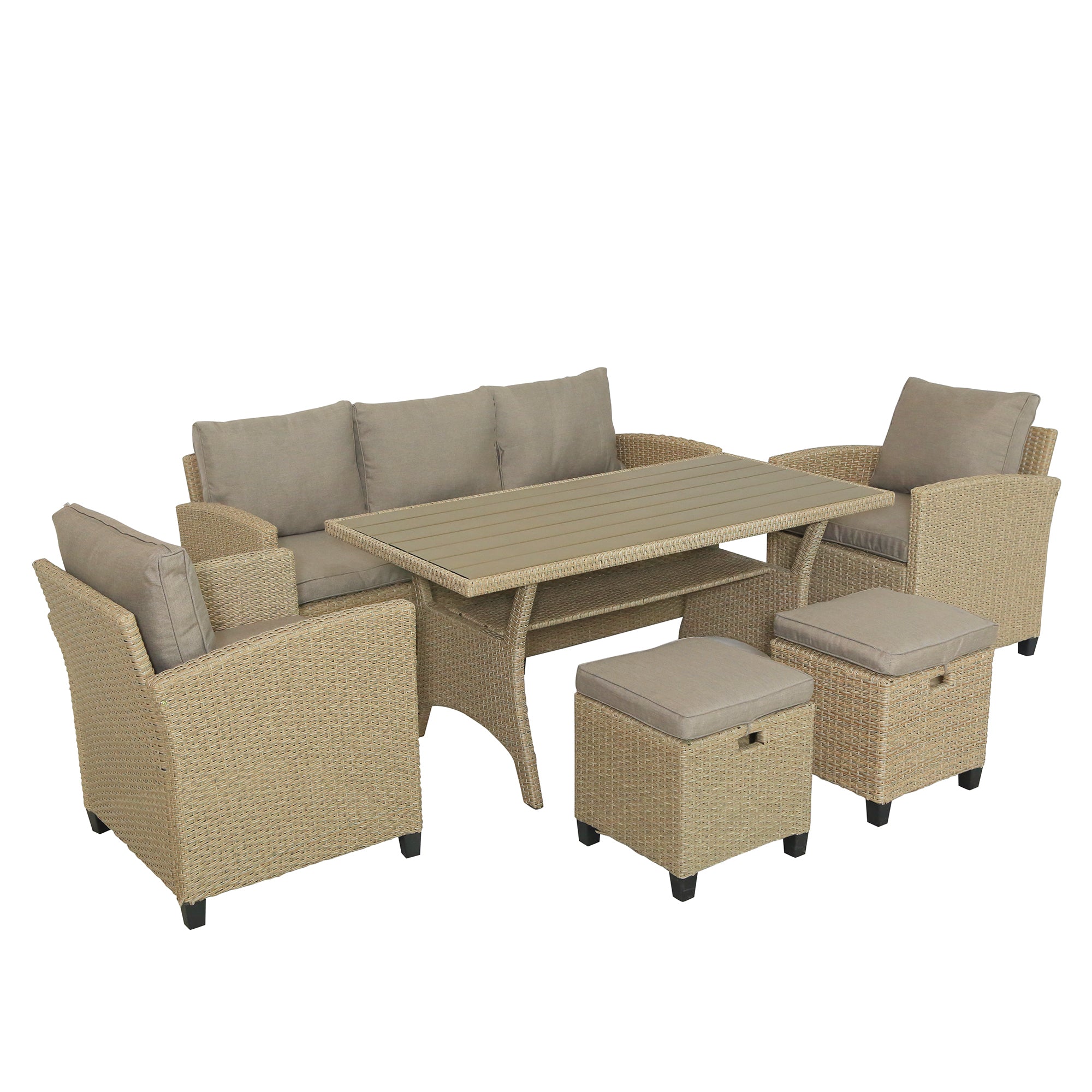 6 Piece Outdoor Rattan Wicker Set Patio Garden Backyard Sofa, Chair, Stools and Table - Brown