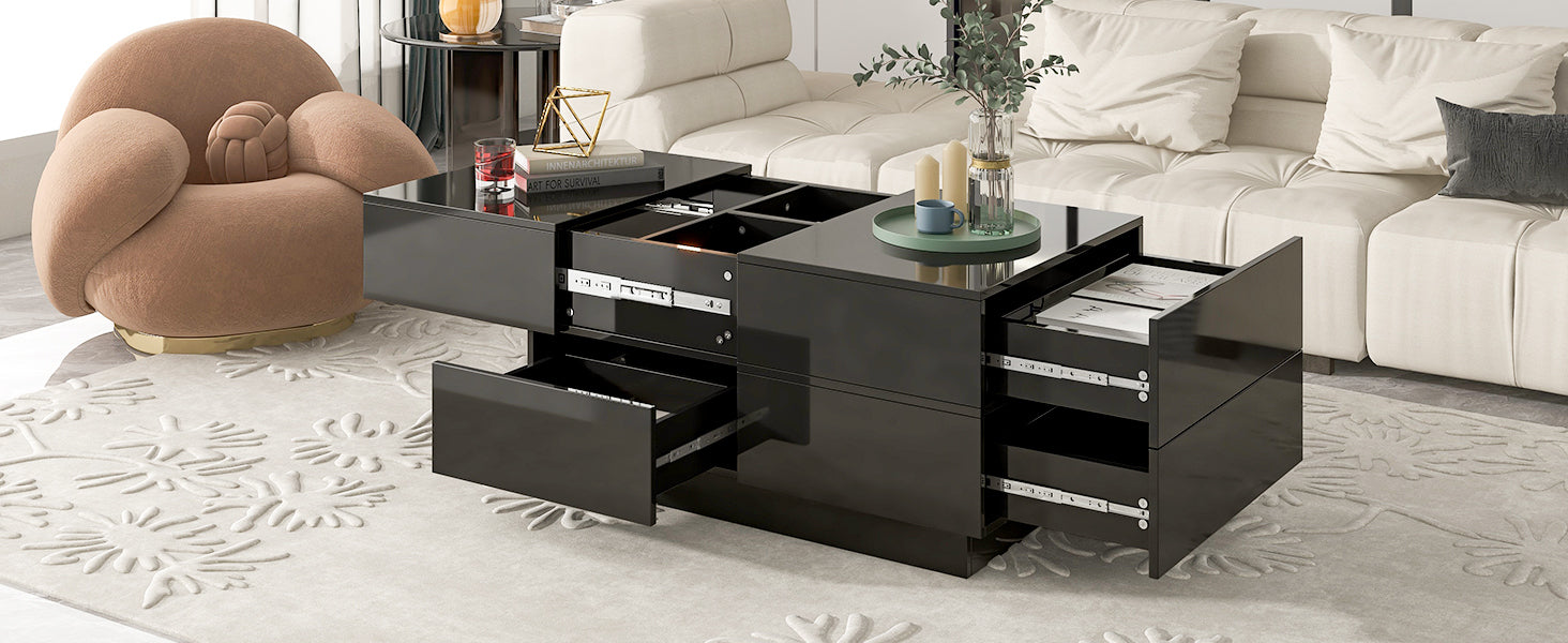 Extendable Coffee Table with Hidden Storage Compartment, UV High-gloss Center Table with Sliding Top - Black