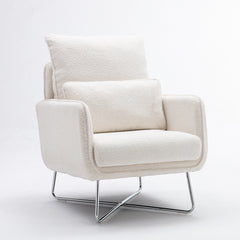 Modern Comfy Leisure Accent Chair, Teddy Short Velvet Armchair with Lumbar Pillow - Cream White