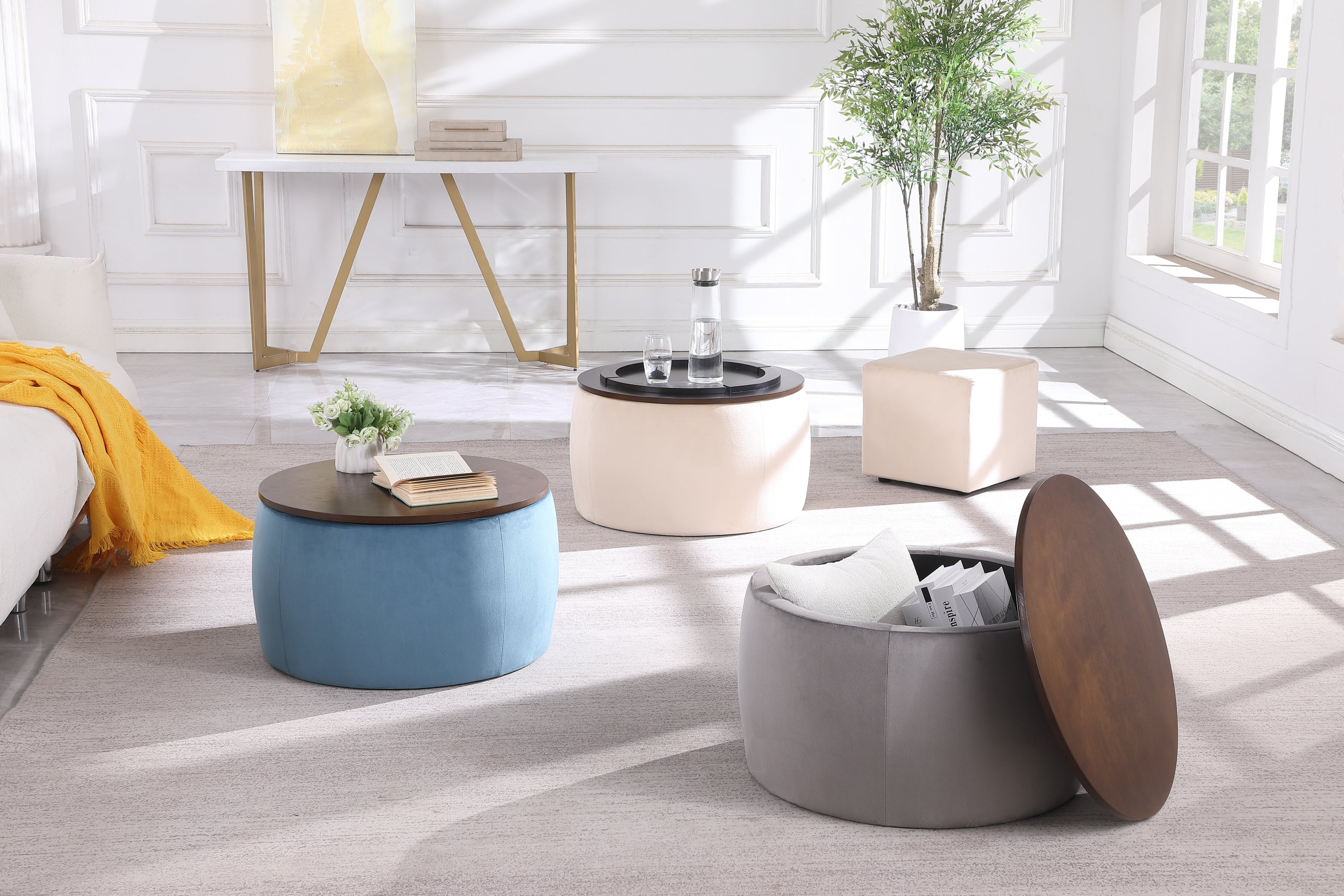 Round Ottoman Set with Storage, 2 in 1 combination, Round Coffee Table