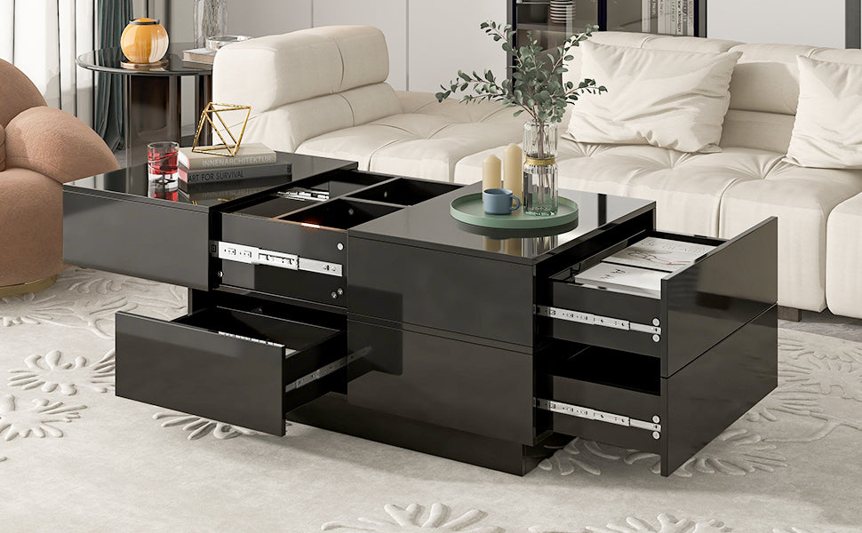 Extendable Coffee Table with Hidden Storage Compartment, UV High-gloss Center Table with Sliding Top - Black