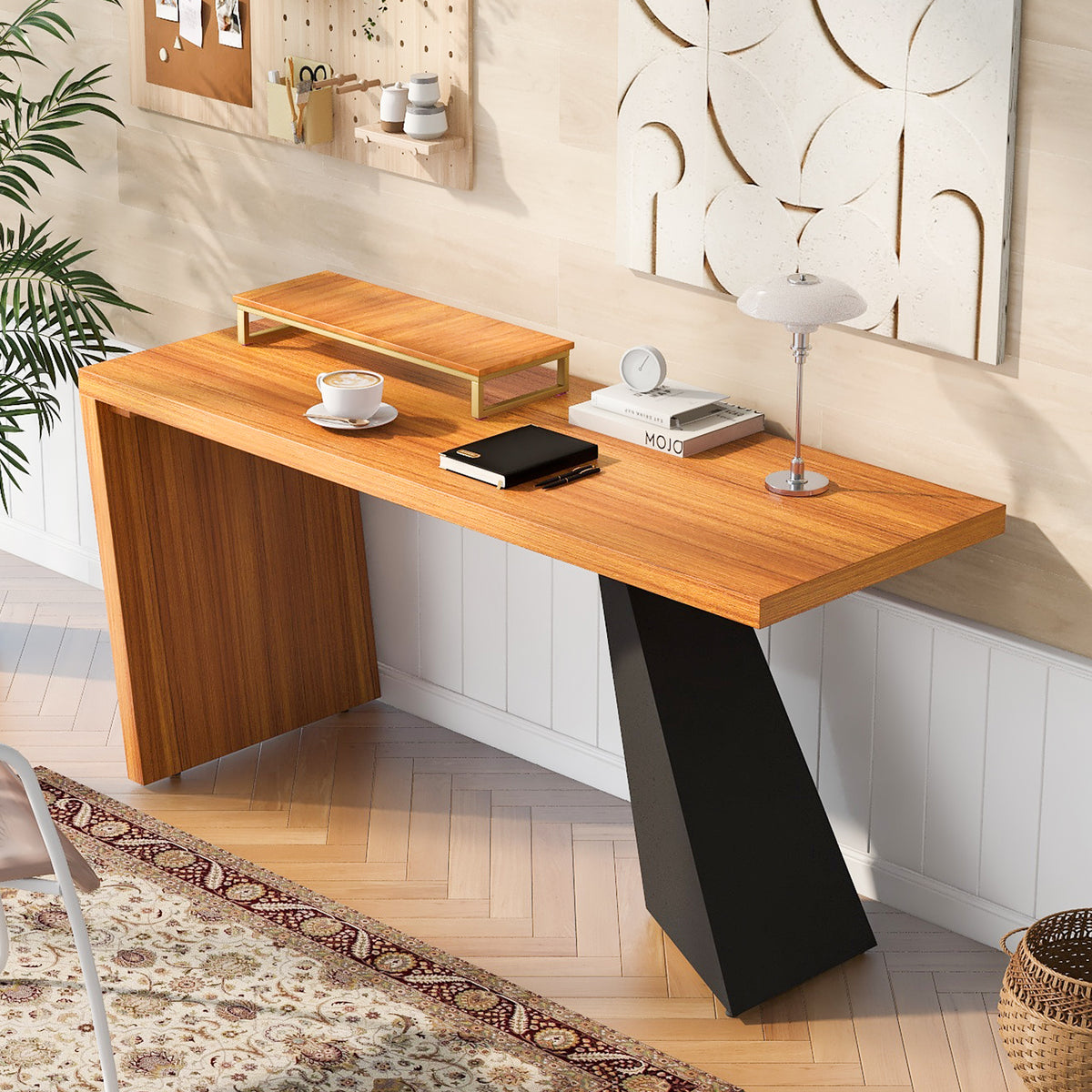 63" Modern Executive Desk, Rustic Industrial Wooden Writing Desk with Monitor Stand - Teak