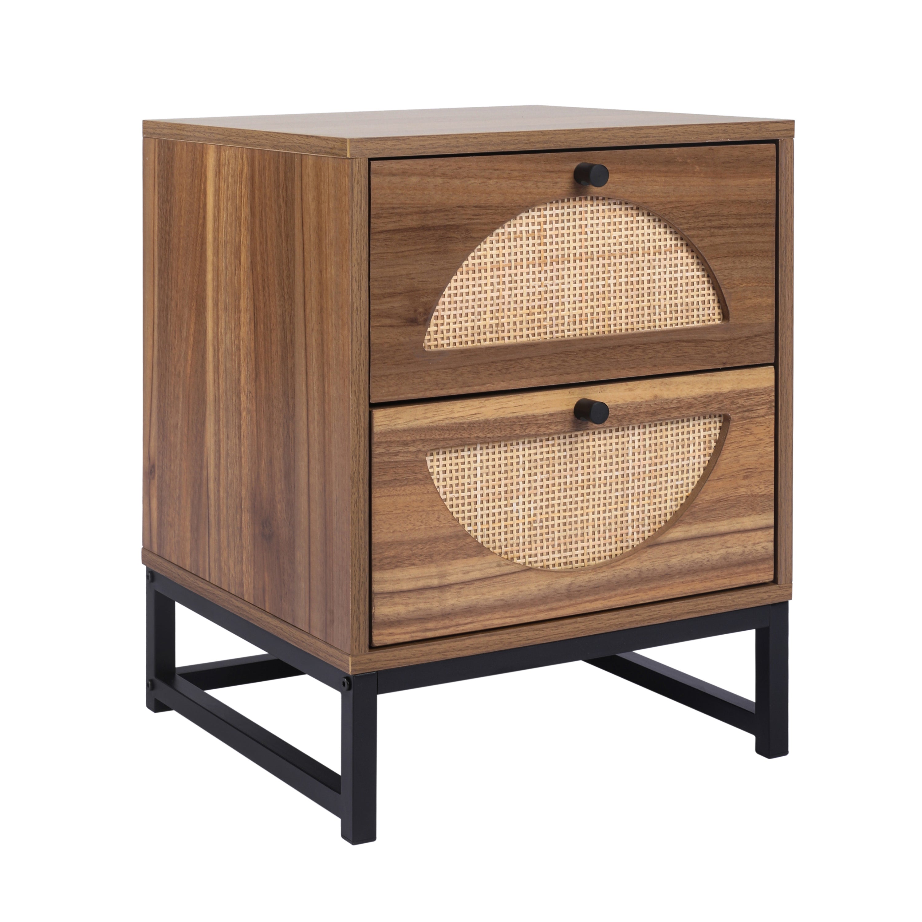 Natural rattan 2 Drawer Side table, Nightstand Side - Walnut